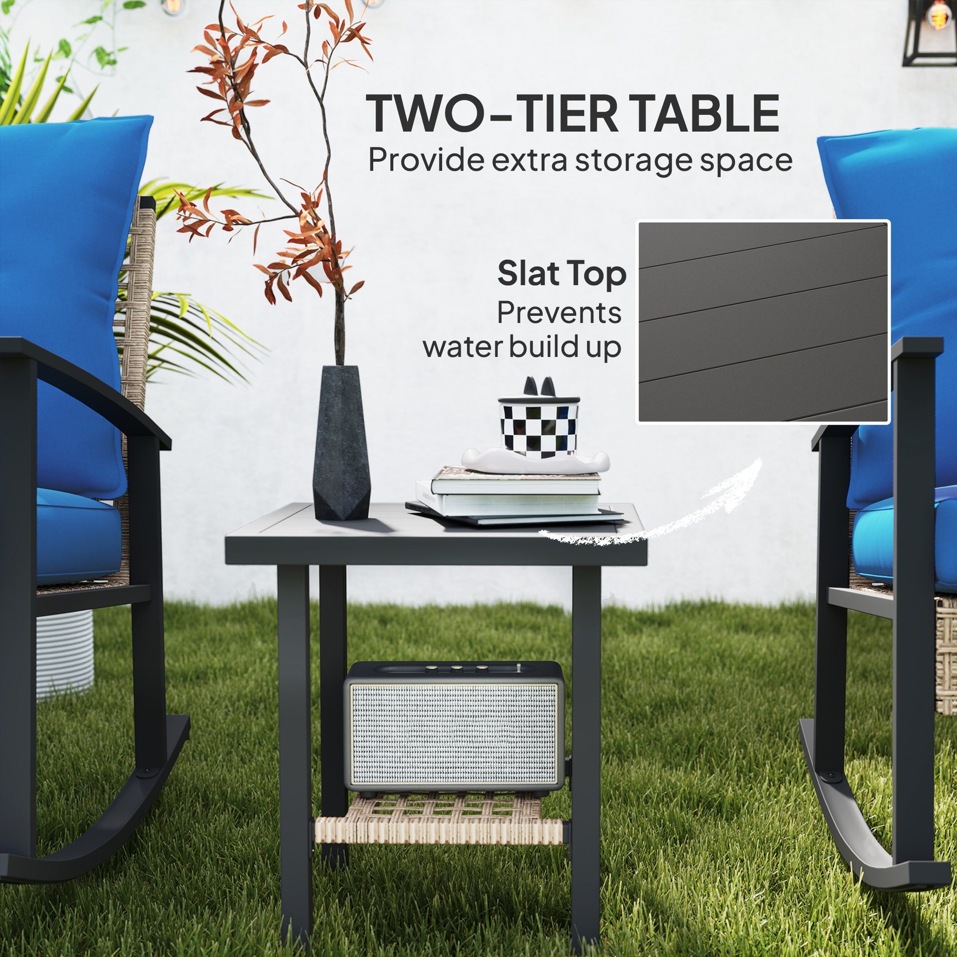 Outsunny 3 Pieces Bistro Set, Patio Wicker Furniture Set with Button Tufted Cushions, Rattan Rocking Chairs, Coffee Table, Blue