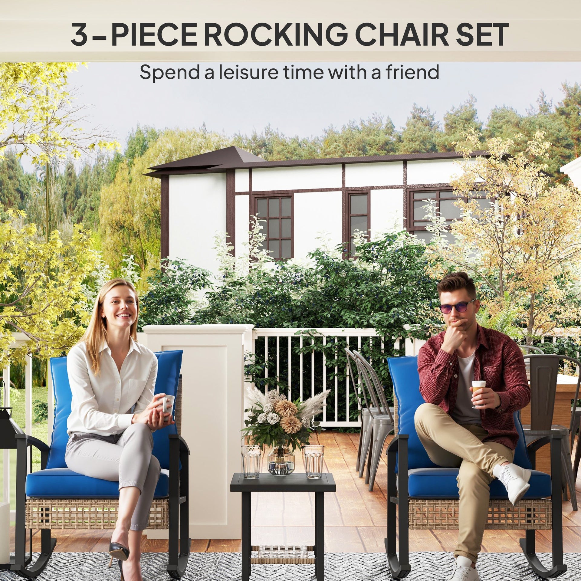 Outsunny 3 Pieces Bistro Set, Patio Wicker Furniture Set with Button Tufted Cushions, Rattan Rocking Chairs, Coffee Table, Blue