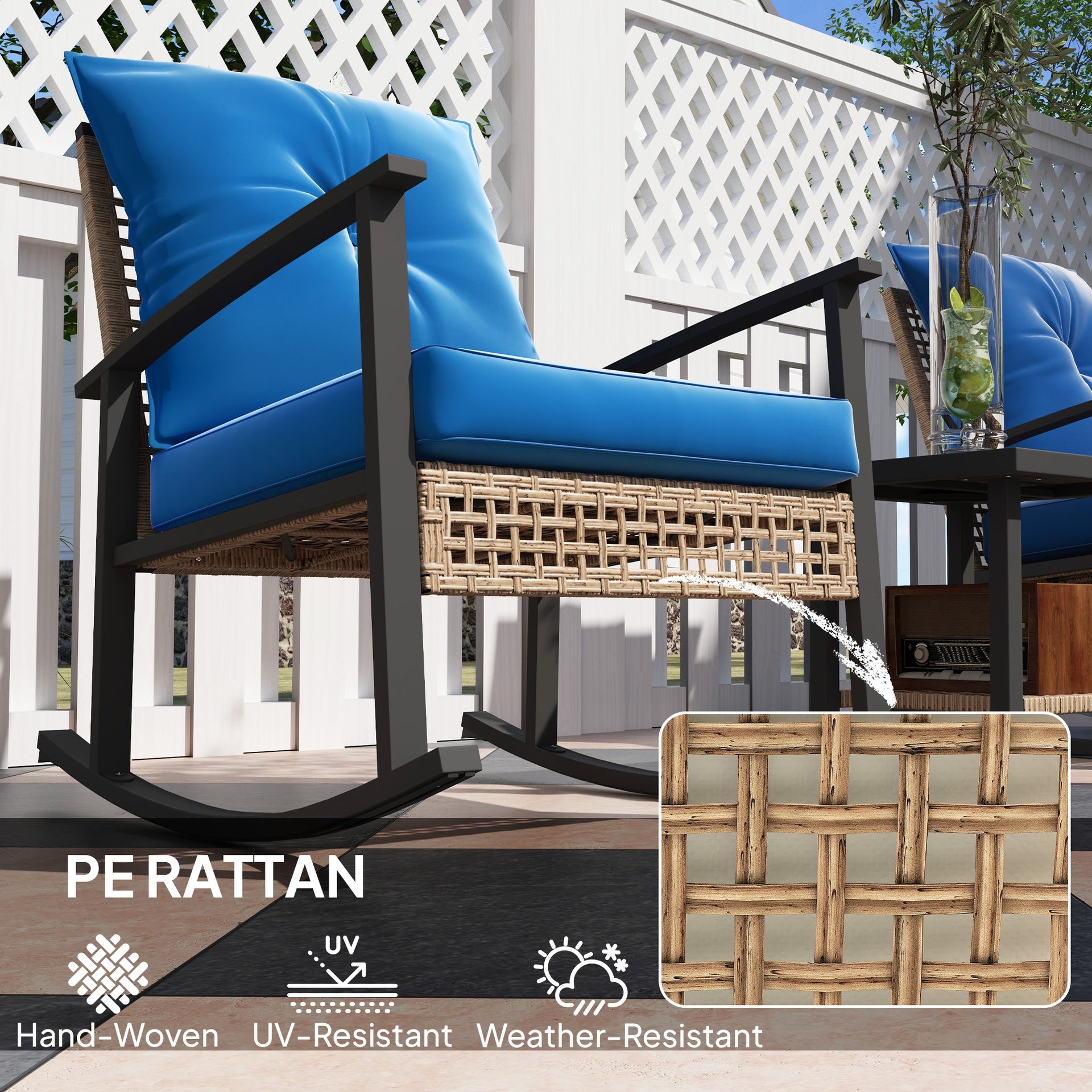 Outsunny 3 Pieces Bistro Set, Patio Wicker Furniture Set with Button Tufted Cushions, Rattan Rocking Chairs, Coffee Table, Blue