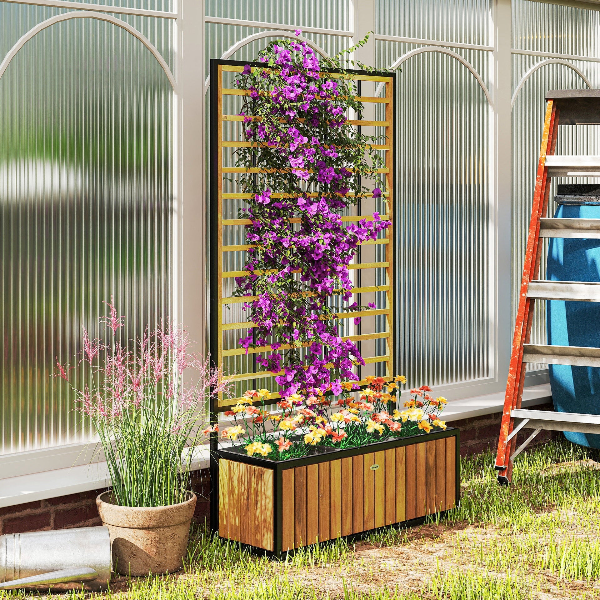 Outsunny Wooden Raised Garden Bed with Trellis, Removable Pots for Backyard, Patio, Balcony, 29" x 11" x 52", Teak