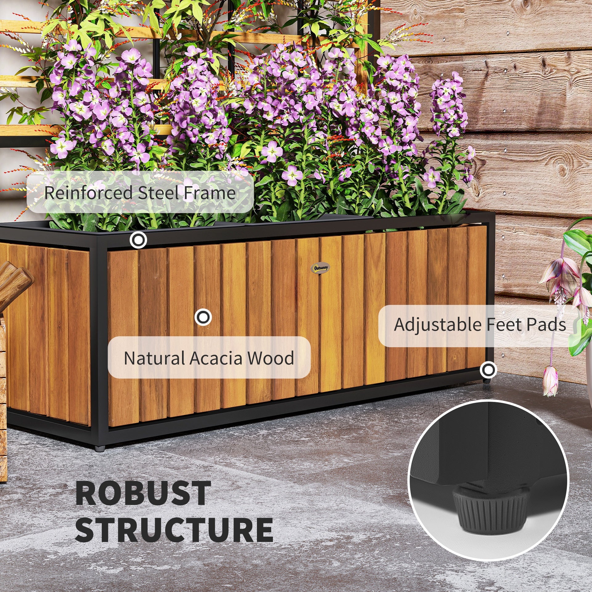 Outsunny Wooden Raised Garden Bed with Trellis, Removable Pots for Backyard, Patio, Balcony, 29" x 11" x 52", Teak