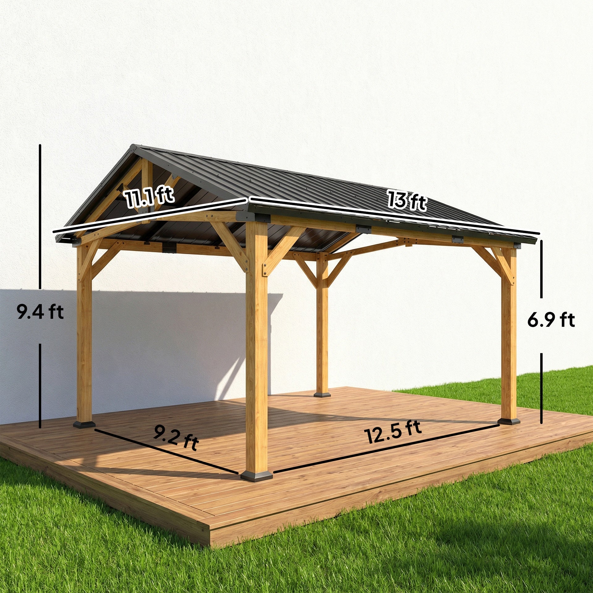 Outsunny 13' x 11' Hardtop Gazebo Canopy with Galvanised Metal Roof, Fir Wood Frame and Central Hook for Patio, Black Gray