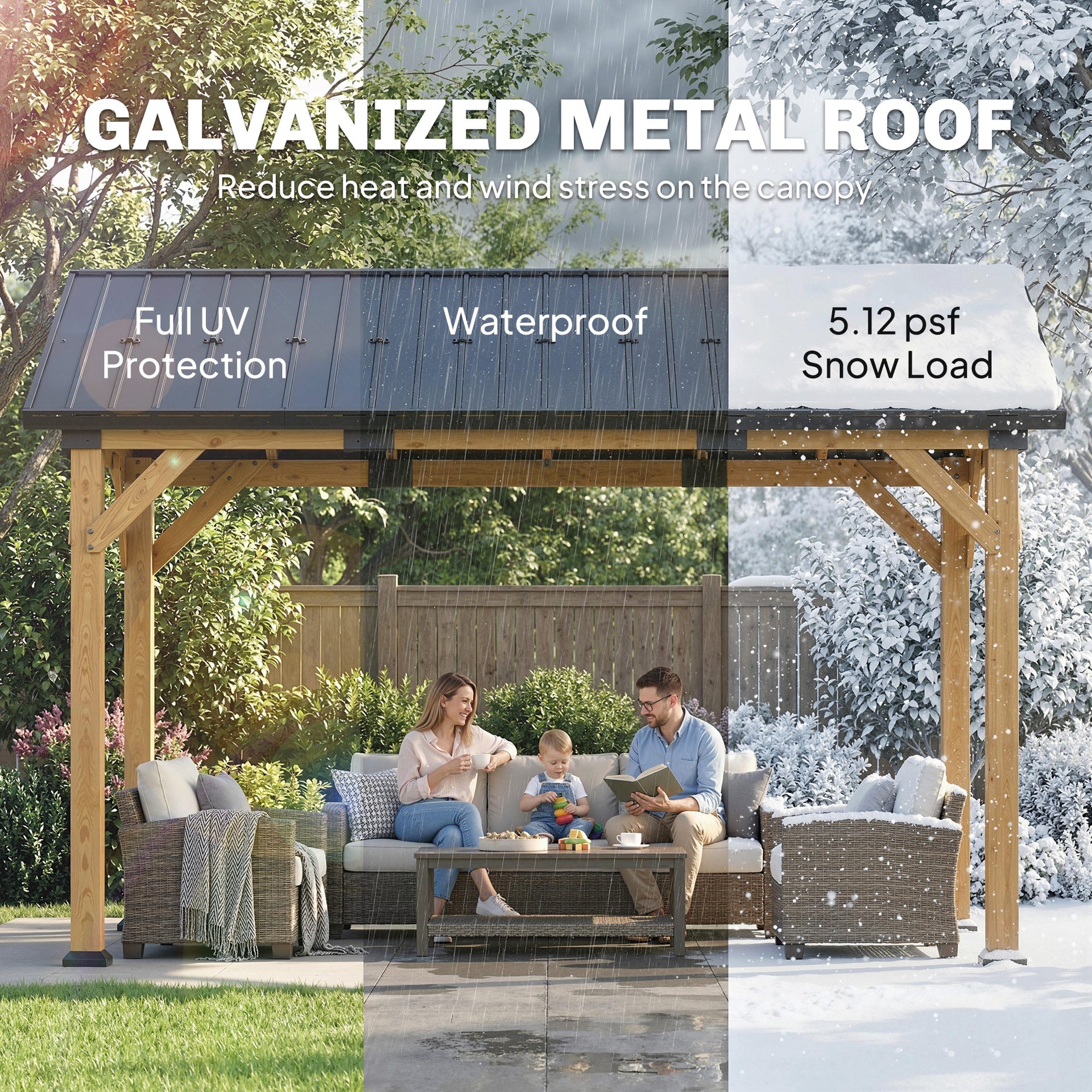 Outsunny 13' x 11' Hardtop Gazebo Canopy with Galvanised Metal Roof, Fir Wood Frame and Central Hook for Patio, Black Gray
