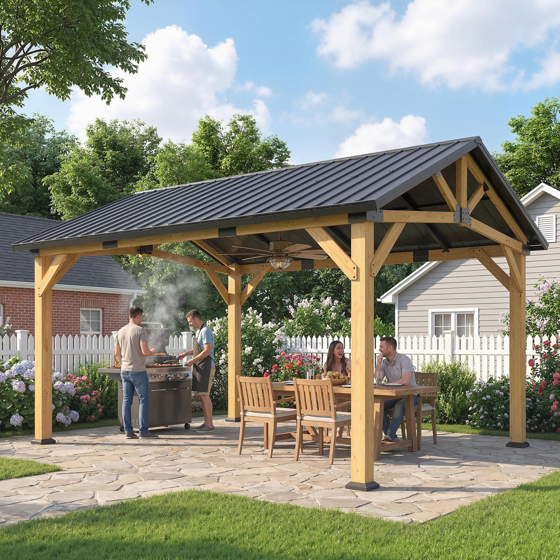 Outsunny 13' x 11' Hardtop Gazebo Canopy with Galvanised Metal Roof, Fir Wood Frame and Central Hook for Patio, Black Gray