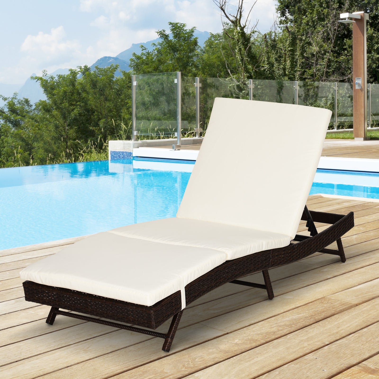 Outsunny Patio Chaise Lounge, Pool Chair with 5 Position Adjustable Backrest & Cushion, Outdoor PE Rattan Wicker Sun Tanning Seat, 78.75" x 28" x 35", Coffee
