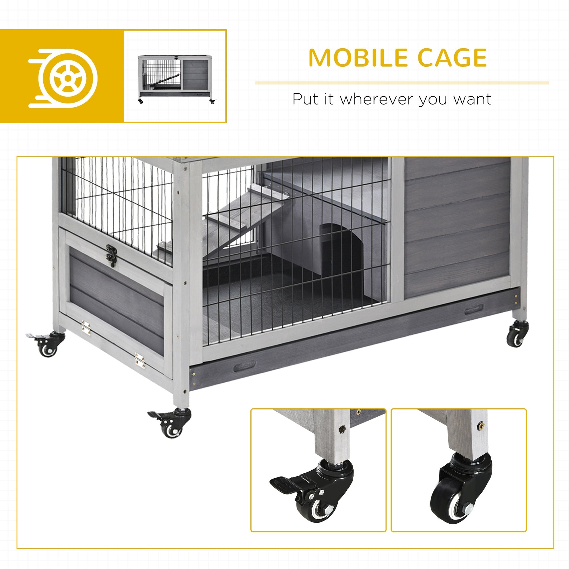 PawHut Indoor Rabbit Enclosure, Wooden Elevated Cage Habitat with Enclosed Run with Wheels - Ideal for Rabbits and Guinea Pigs