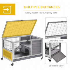 PawHut Indoor Rabbit Enclosure, Wooden Elevated Cage Habitat with Enclosed Run with Wheels - Ideal for Rabbits and Guinea Pigs