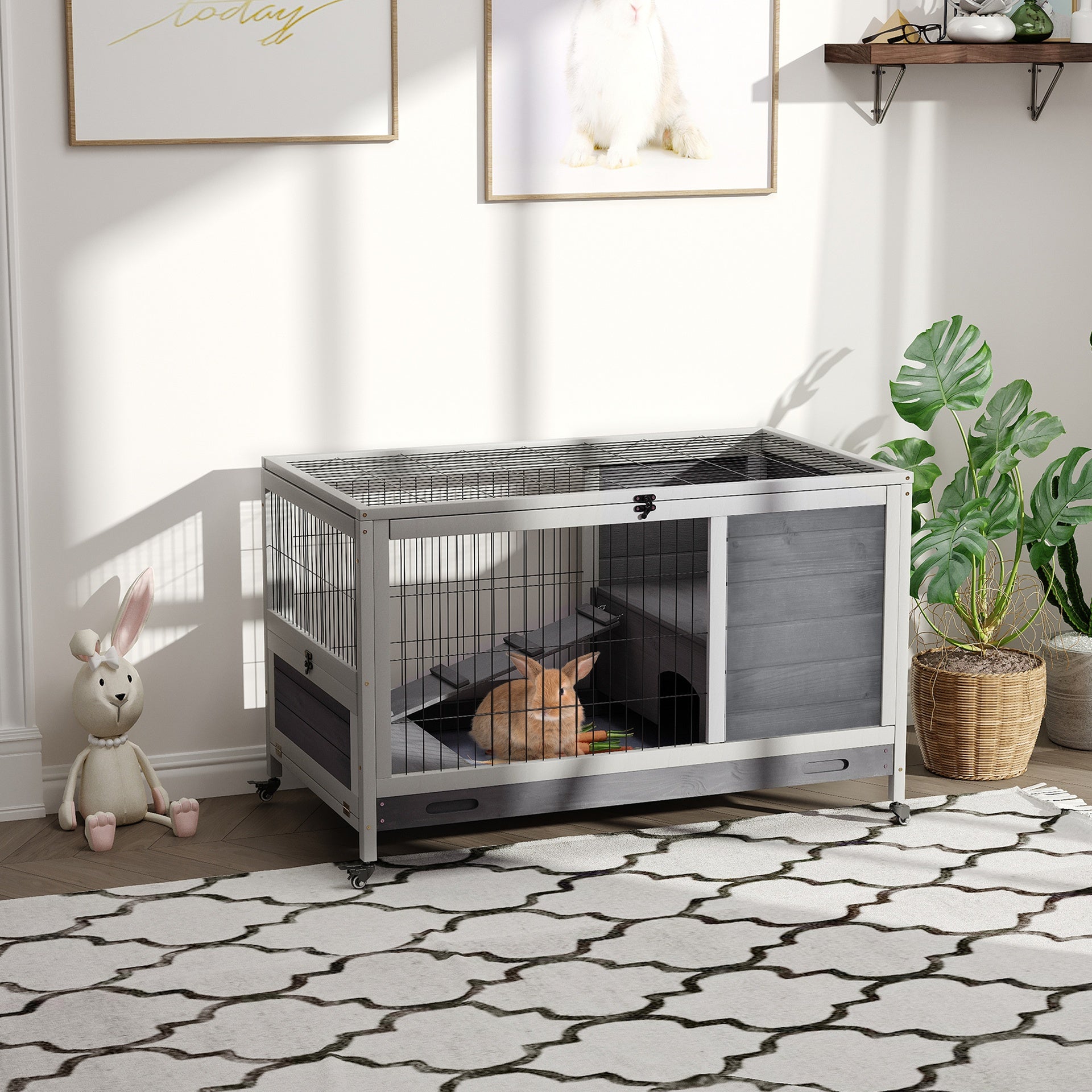 PawHut Indoor Rabbit Enclosure, Wooden Elevated Cage Habitat with Enclosed Run with Wheels - Ideal for Rabbits and Guinea Pigs