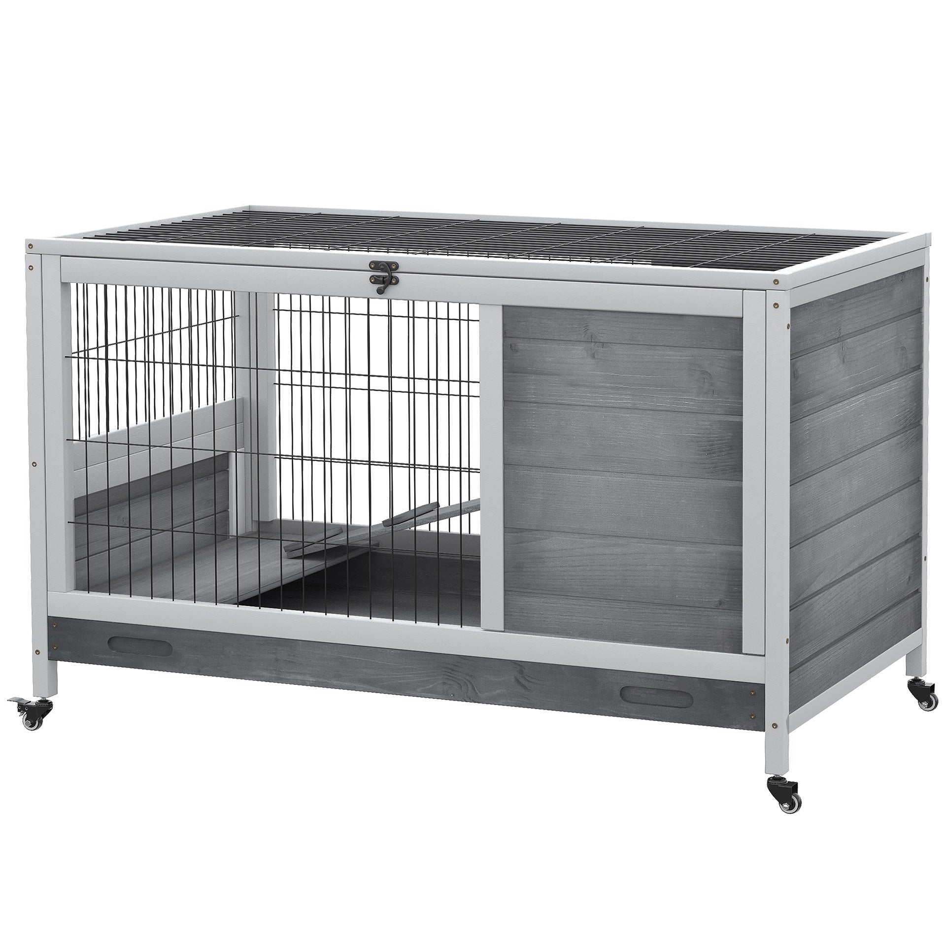 PawHut Indoor Rabbit Enclosure, Wooden Elevated Cage Habitat with Enclosed Run with Wheels - Ideal for Rabbits and Guinea Pigs