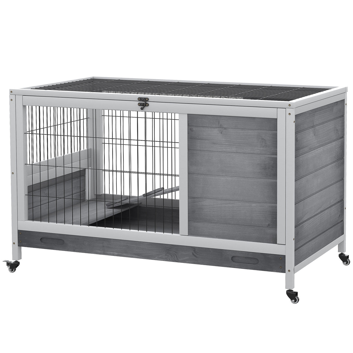 PawHut Indoor Rabbit Enclosure, Wooden Elevated Cage Habitat with Enclosed Run with Wheels - Ideal for Rabbits and Guinea Pigs