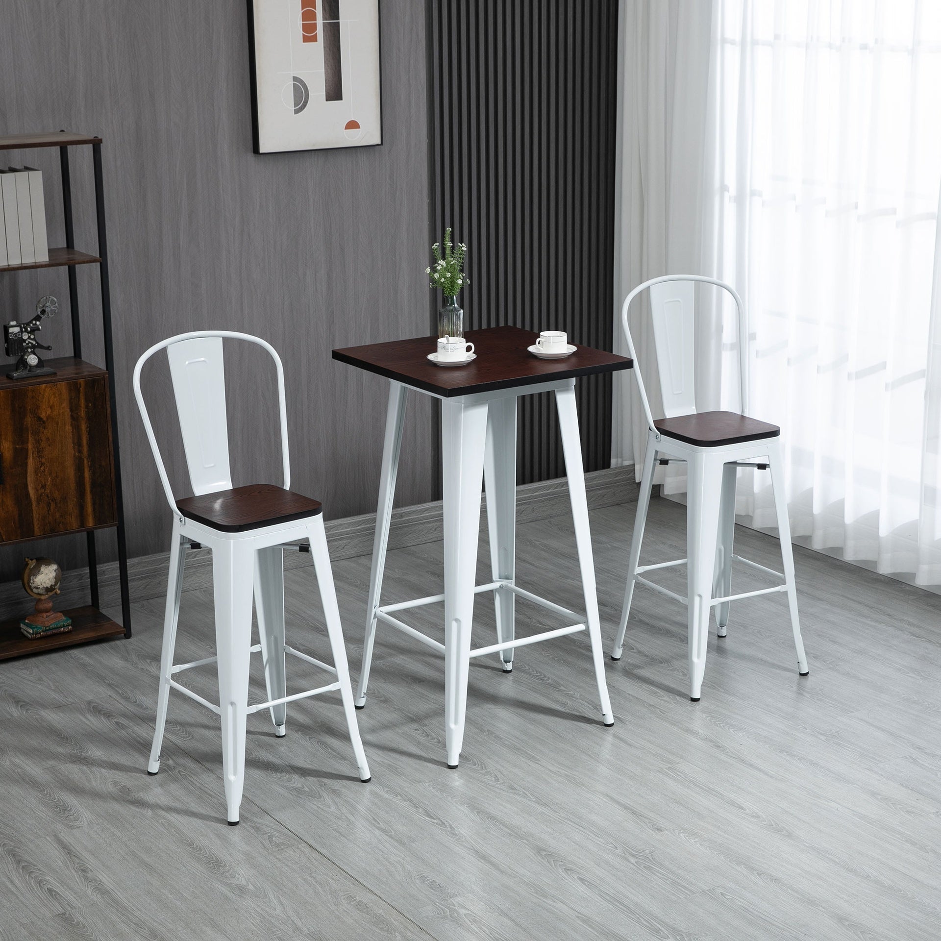 HOMCOM 3 Piece Industrial Dining Table Set, Bar Height Bar Table and Chairs Set with Footrests for Bistro, White and Brown