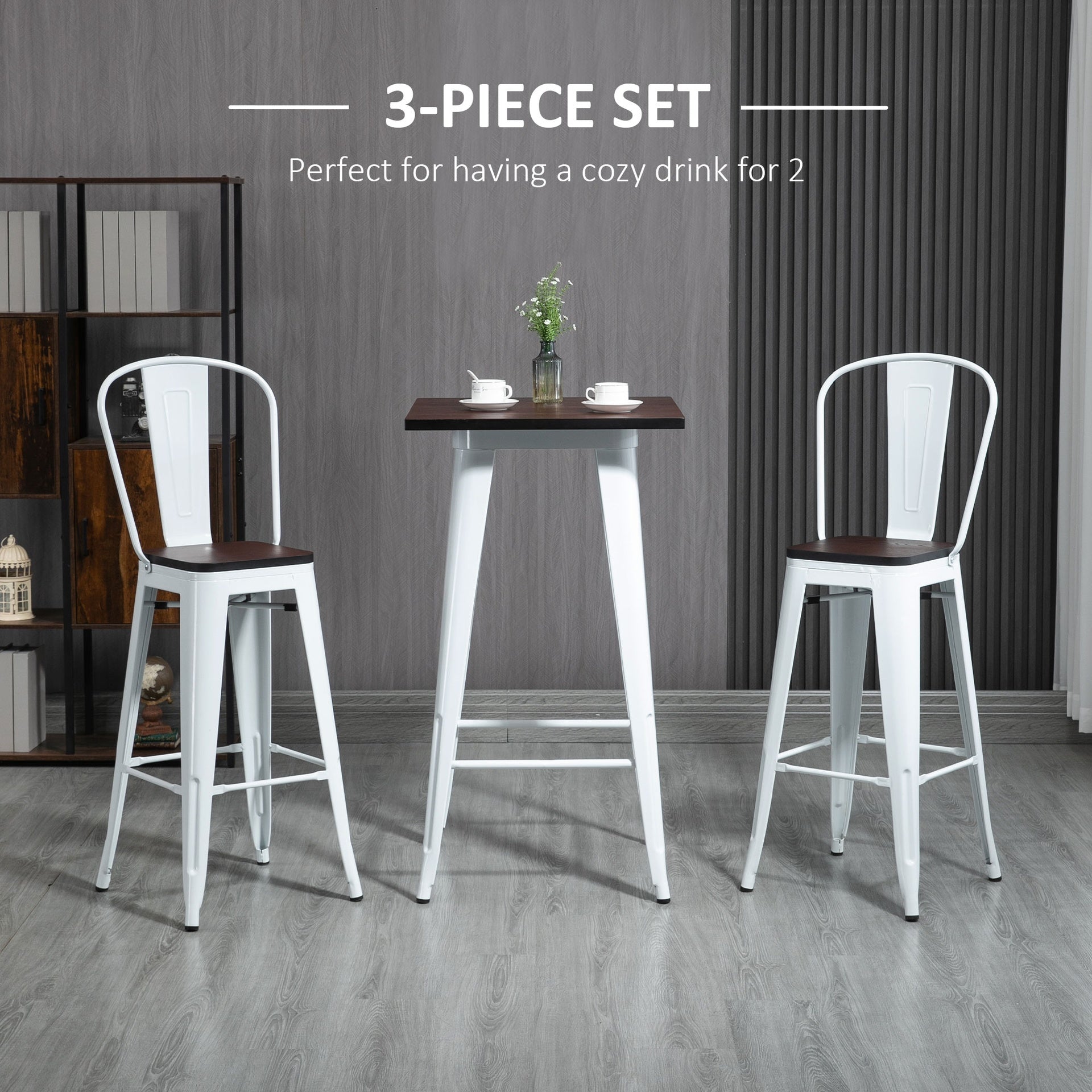 HOMCOM 3 Piece Industrial Dining Table Set, Bar Height Bar Table and Chairs Set with Footrests for Bistro, White and Brown