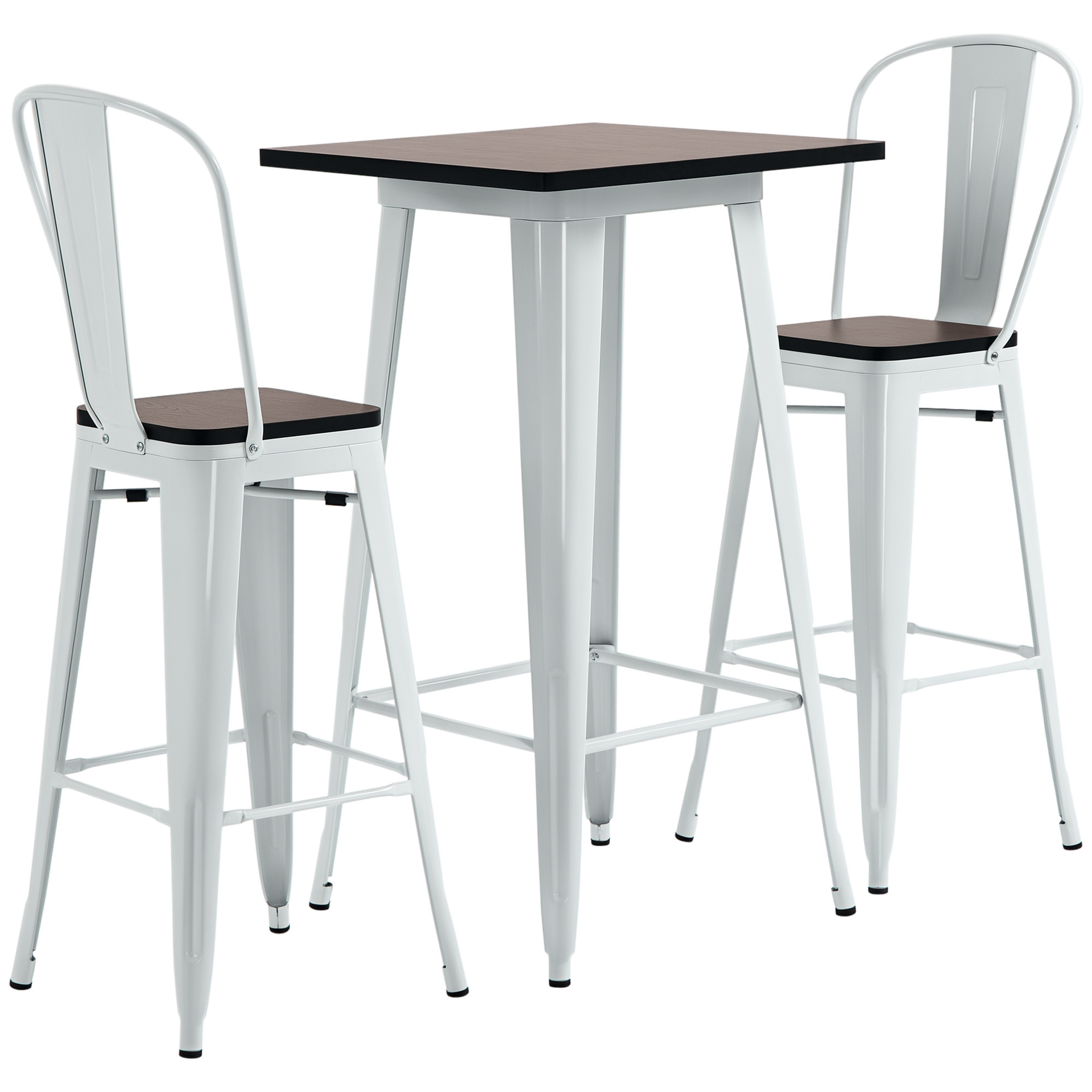 HOMCOM 3 Piece Industrial Dining Table Set, Bar Height Bar Table and Chairs Set with Footrests for Bistro, White and Brown