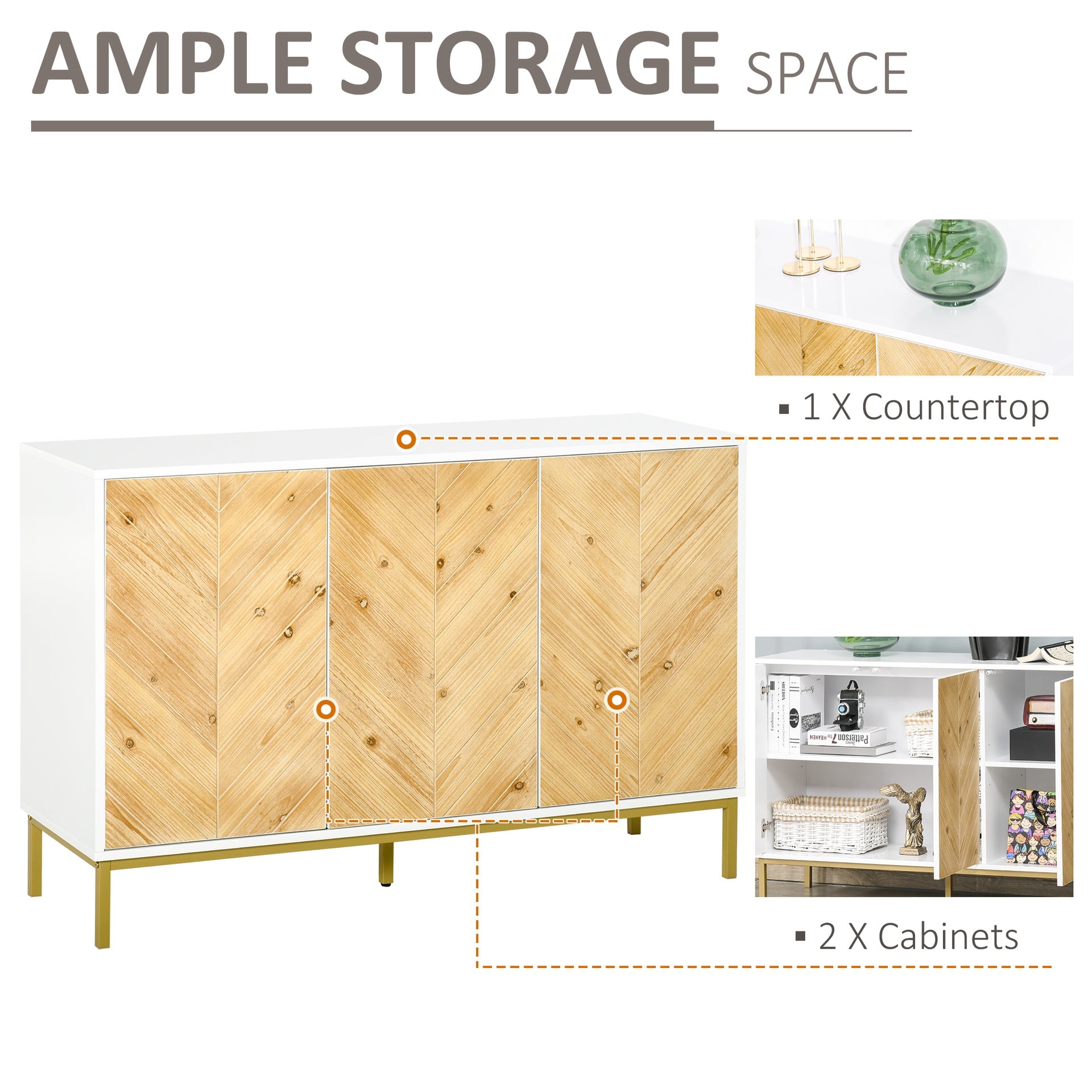 HOMCOM 3 Door Sideboard Buffet Cabinet, Coffee Bar Cabinet with Chevron Pattern, Adjustable Shelf and Metal Legs, Natural Wood