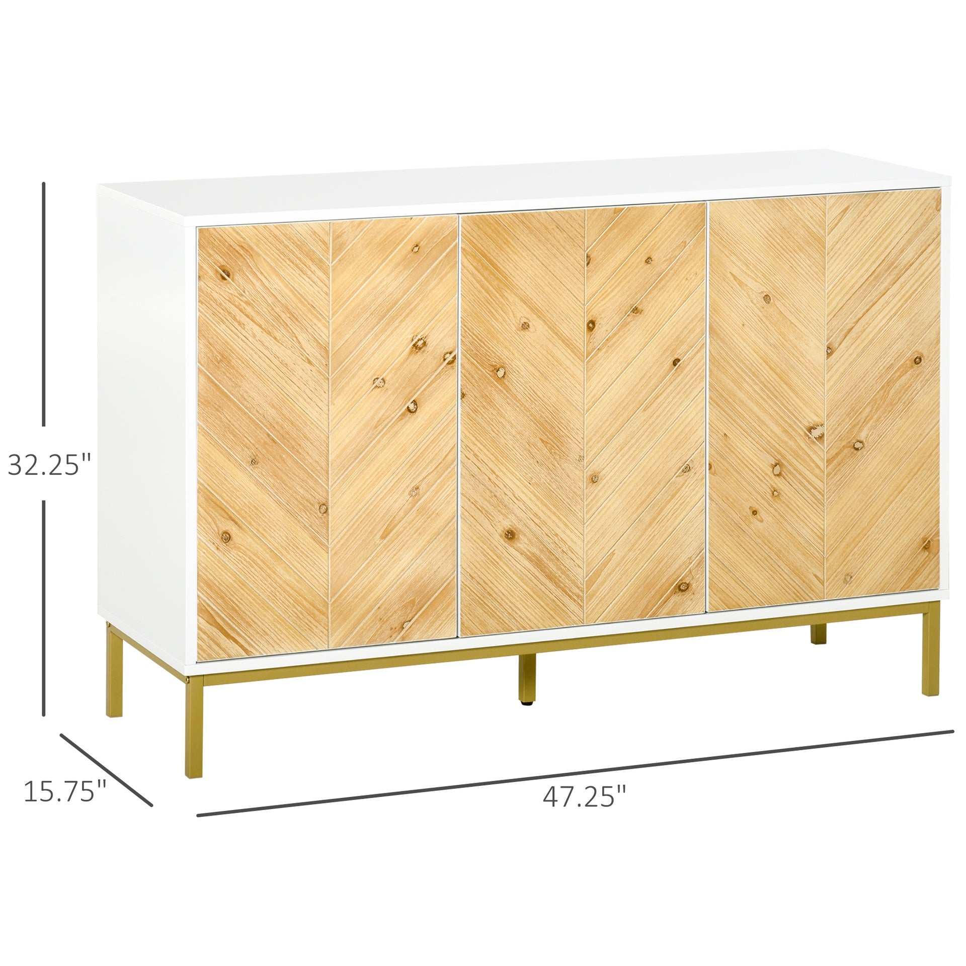 HOMCOM 3 Door Sideboard Buffet Cabinet, Coffee Bar Cabinet with Chevron Pattern, Adjustable Shelf and Metal Legs, Natural Wood