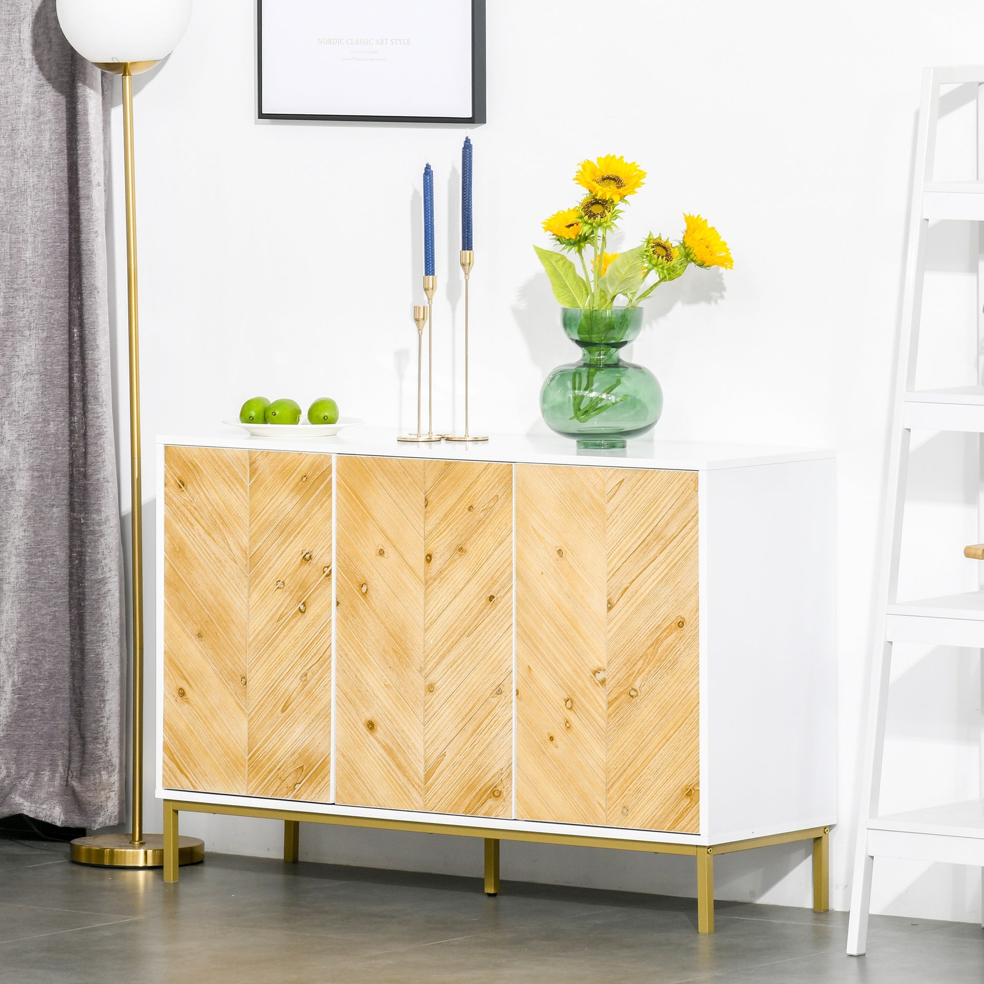 HOMCOM 3 Door Sideboard Buffet Cabinet, Coffee Bar Cabinet with Chevron Pattern, Adjustable Shelf and Metal Legs, Natural Wood