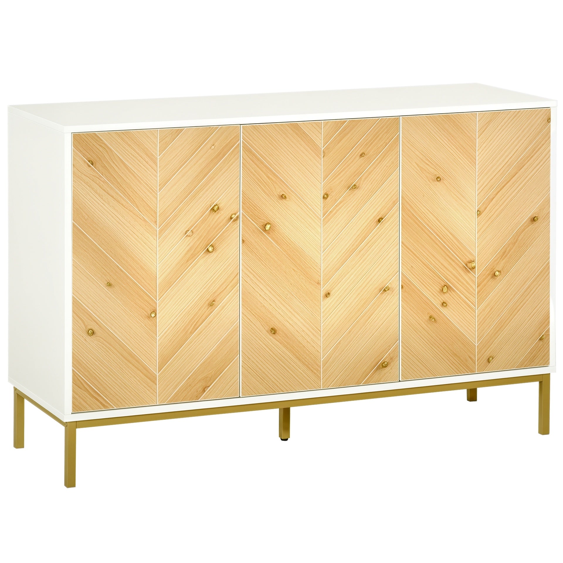 HOMCOM 3 Door Sideboard Buffet Cabinet, Coffee Bar Cabinet with Chevron Pattern, Adjustable Shelf and Metal Legs, Natural Wood