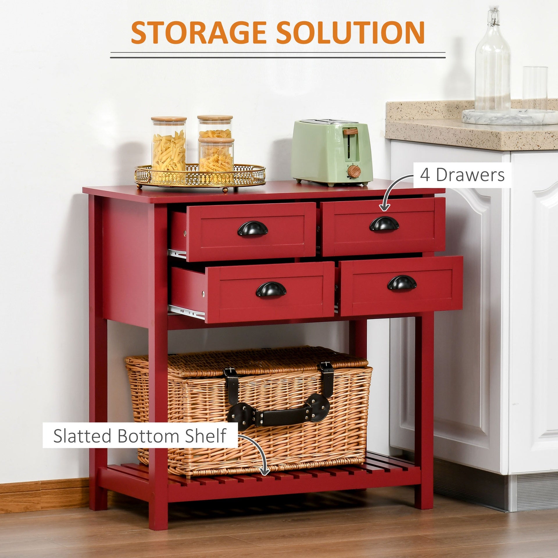 HOMCOM Sideboard Buffet Cabinet with Storage, Modern Coffee Bar Cabinet with 4 Drawers and Slatted Bottom Shelf, Console Table for Kitchen, Living Room, Dining Room, Hallway, Red