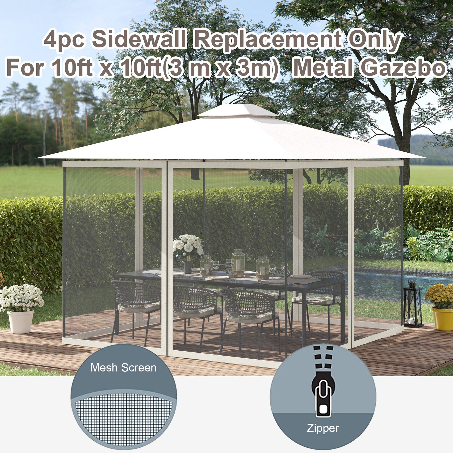 Outsunny Replacement Mesh Sidewall Netting for 10' x 10' Gazebos and Canopy Tents with Zippers, (Sidewall Only) White