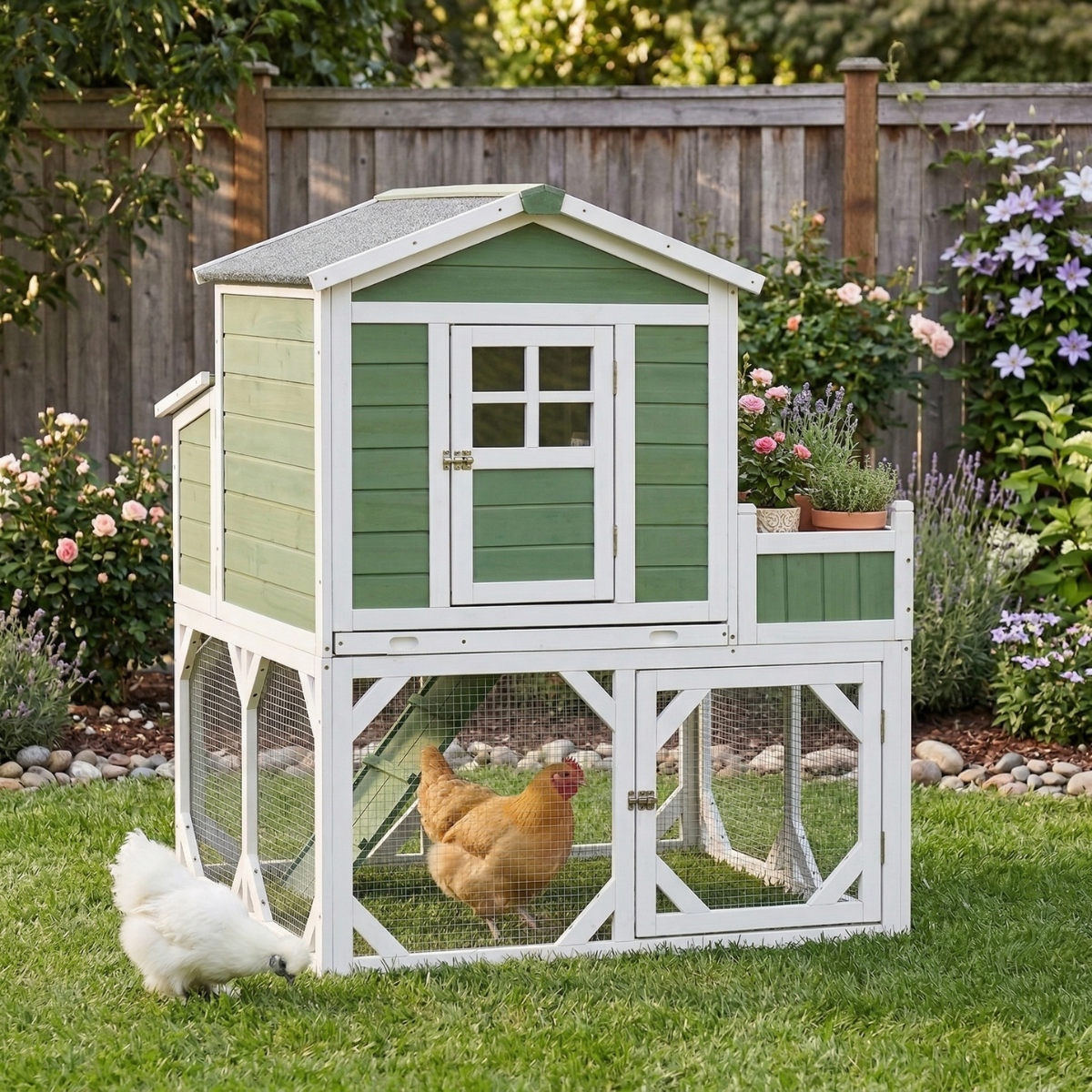 PawHut 49" Small Chicken Coop Hen House with Garden Space, Chicken House Outdoor Run Cage with Weather Protection, 2-4 Birds, Green