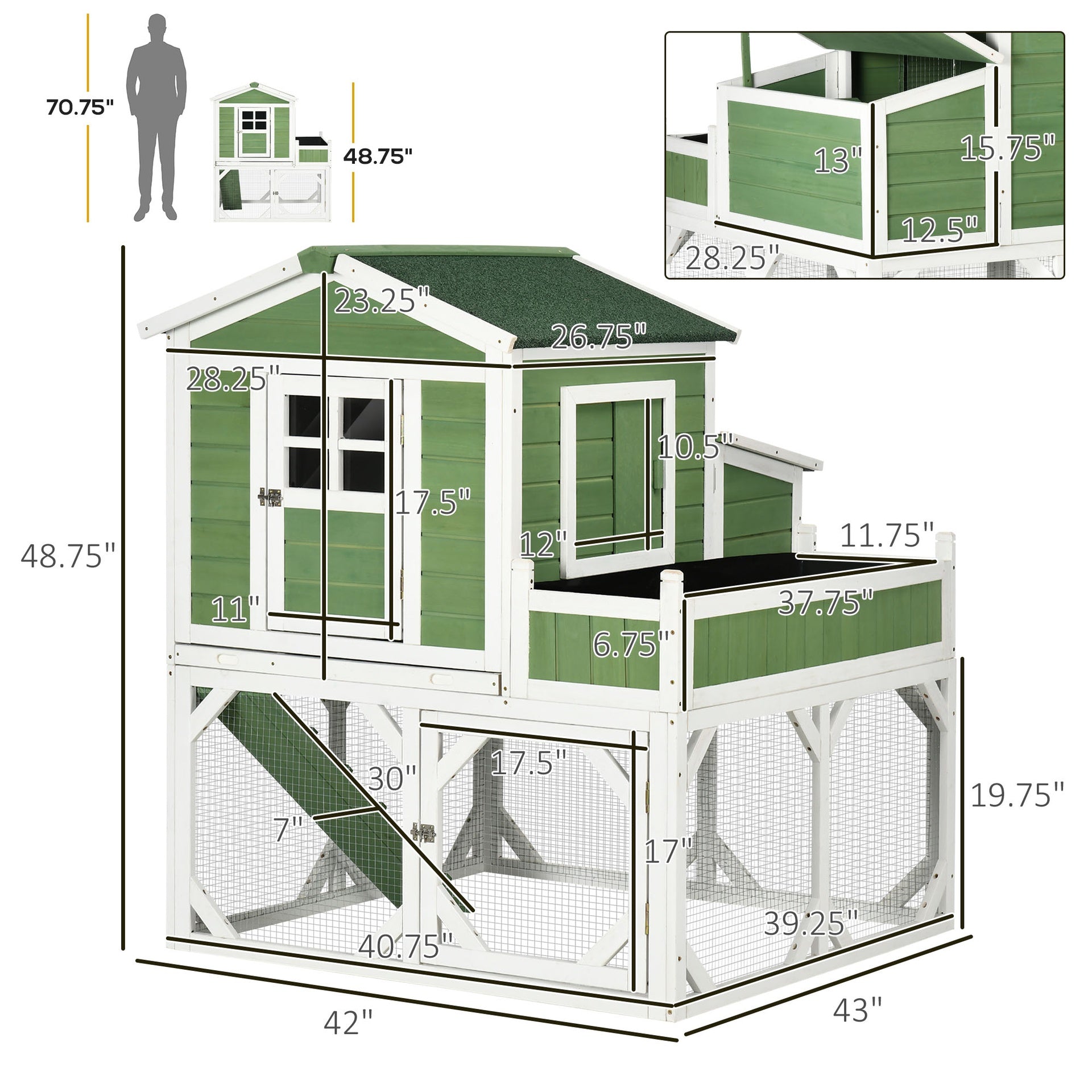 PawHut 49" Small Chicken Coop Hen House with Garden Space, Chicken House Outdoor Run Cage with Weather Protection, 2-4 Birds, Green