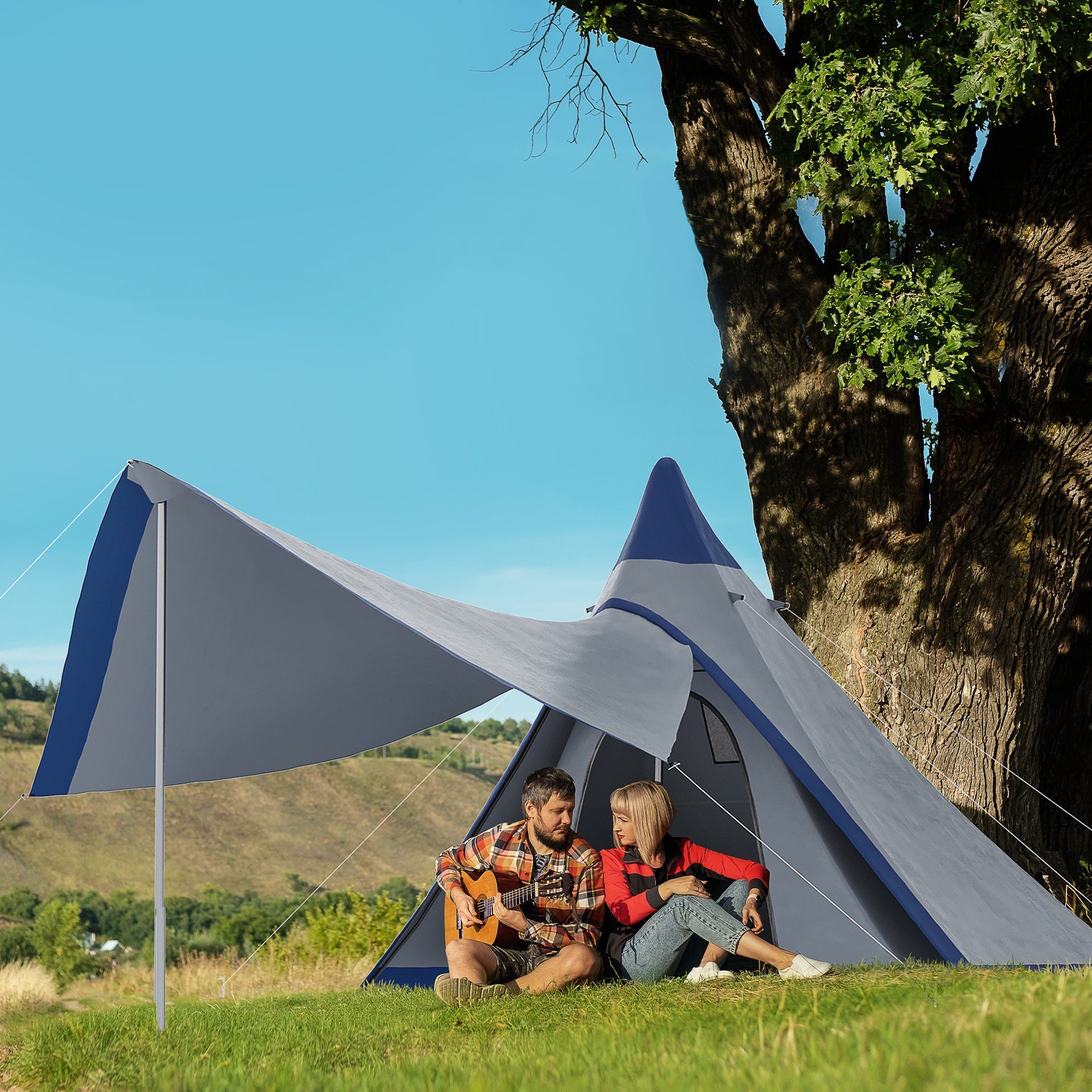 Outsunny 15.4'x15.4'x8.5' Teepee Tent, Waterproof Camping Tent with Porch Area, Floor and Carry Bag, for 2-3 Person Outdoor Backpacking Camping Hiking, Blue