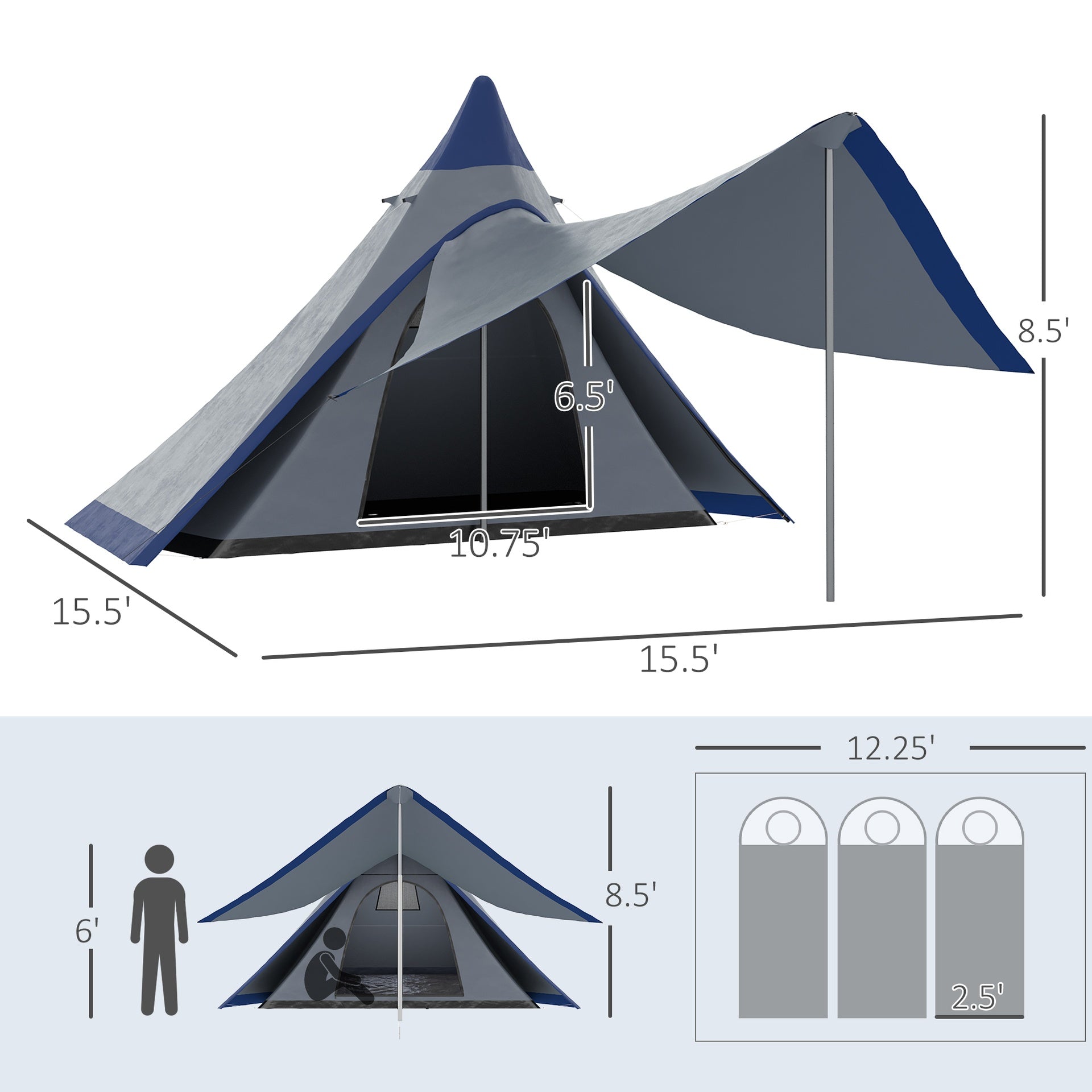 Outsunny 15.4'x15.4'x8.5' Teepee Tent, Waterproof Camping Tent with Porch Area, Floor and Carry Bag, for 2-3 Person Outdoor Backpacking Camping Hiking, Blue