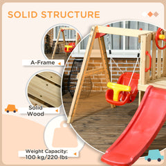 Outsunny 4-in-1 Wooden Swing Set with Swing, Slide, Horn, Steering Wheel, Red