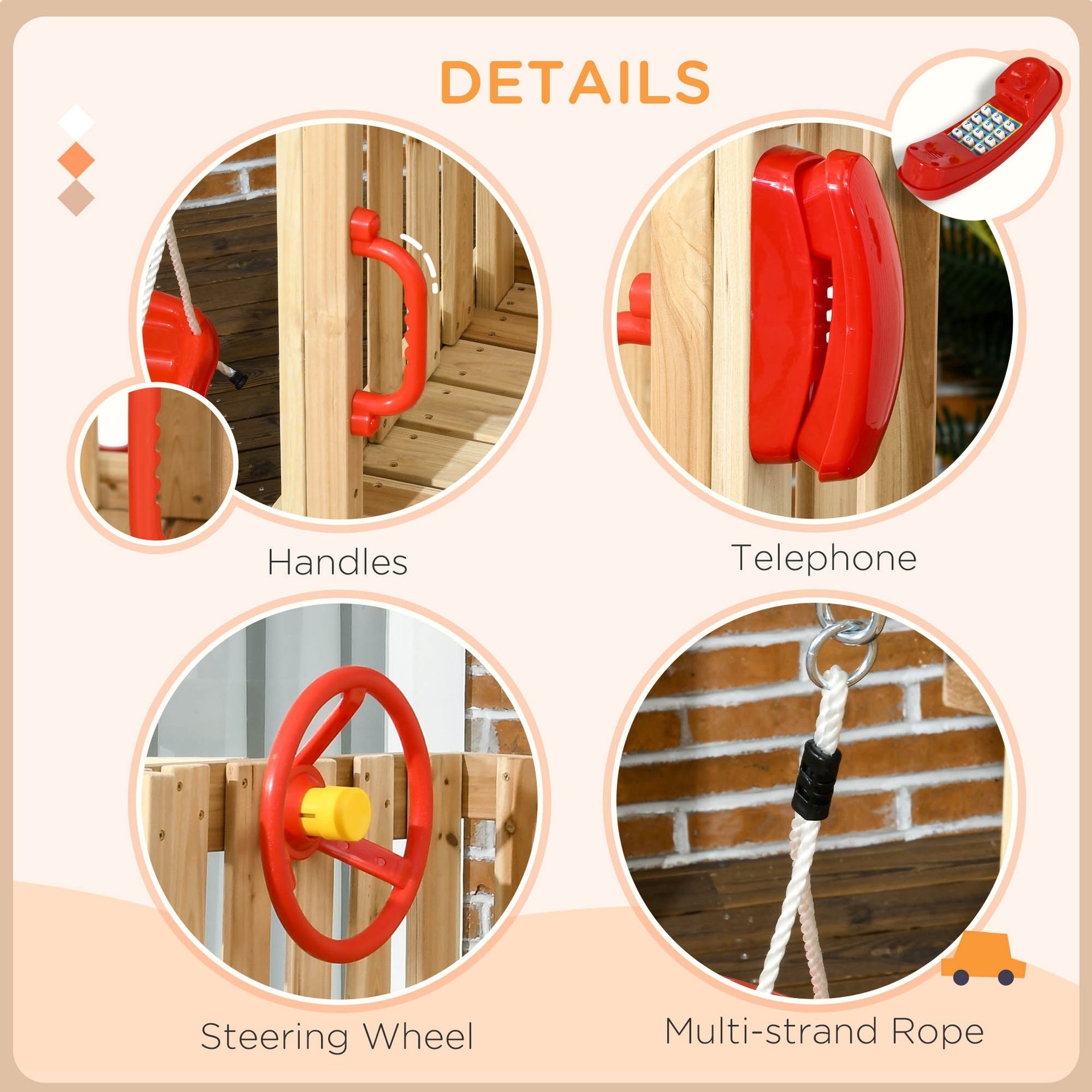 Outsunny 4-in-1 Wooden Swing Set with Swing, Slide, Horn, Steering Wheel, Red
