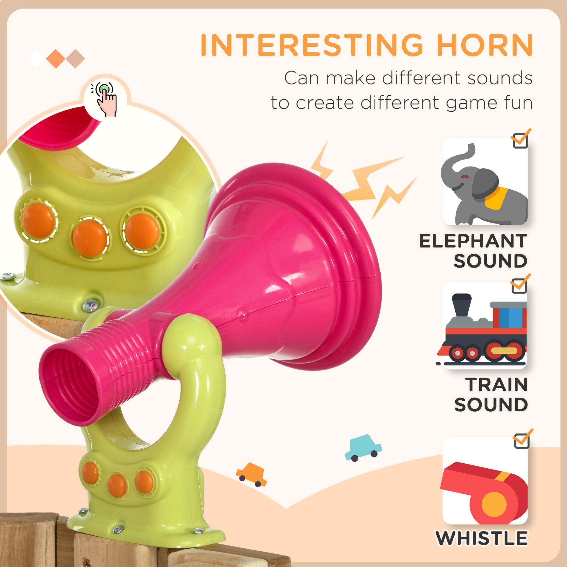 Outsunny 4-in-1 Wooden Swing Set with Swing, Slide, Horn, Steering Wheel, Red
