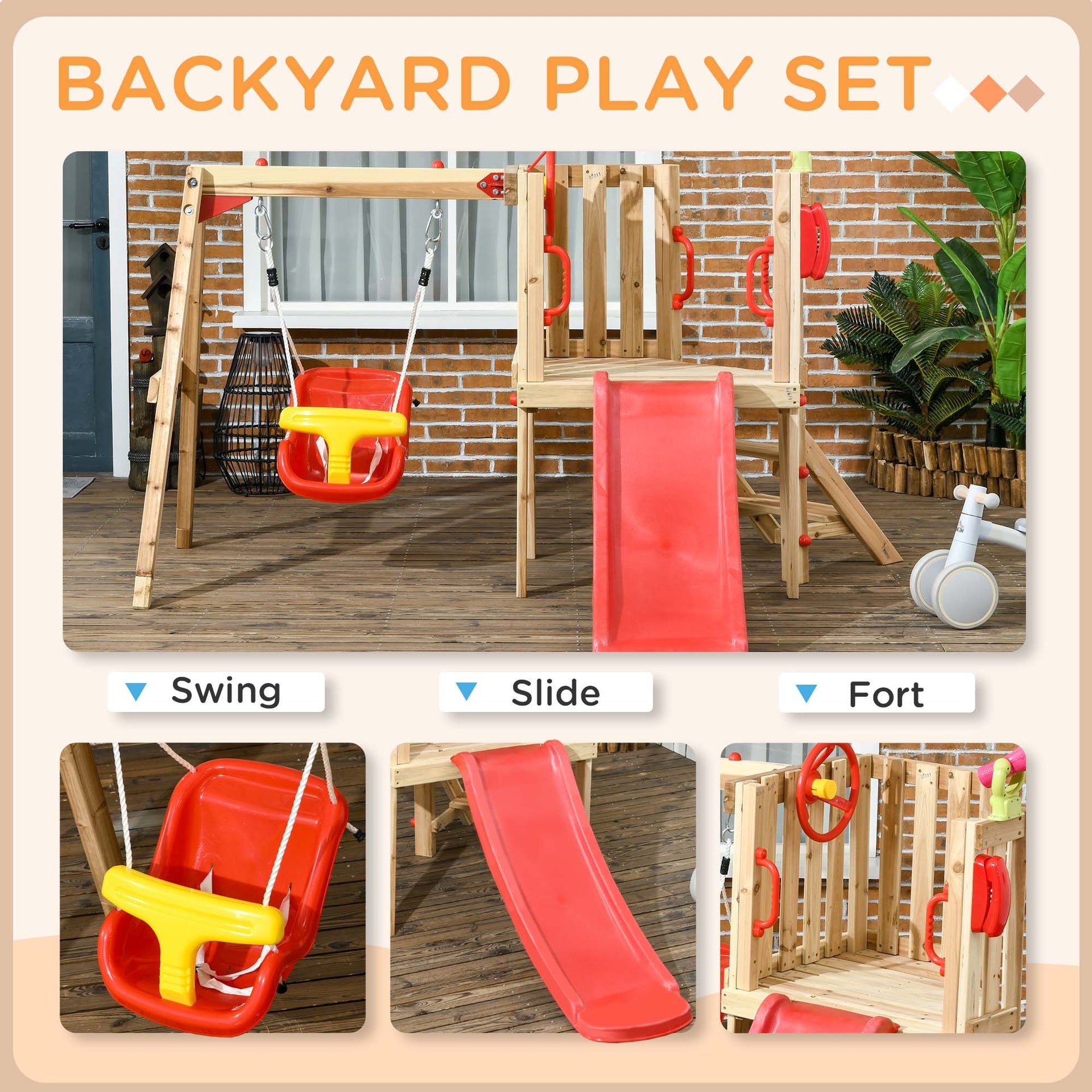 Outsunny 4-in-1 Wooden Swing Set with Swing, Slide, Horn, Steering Wheel, Red