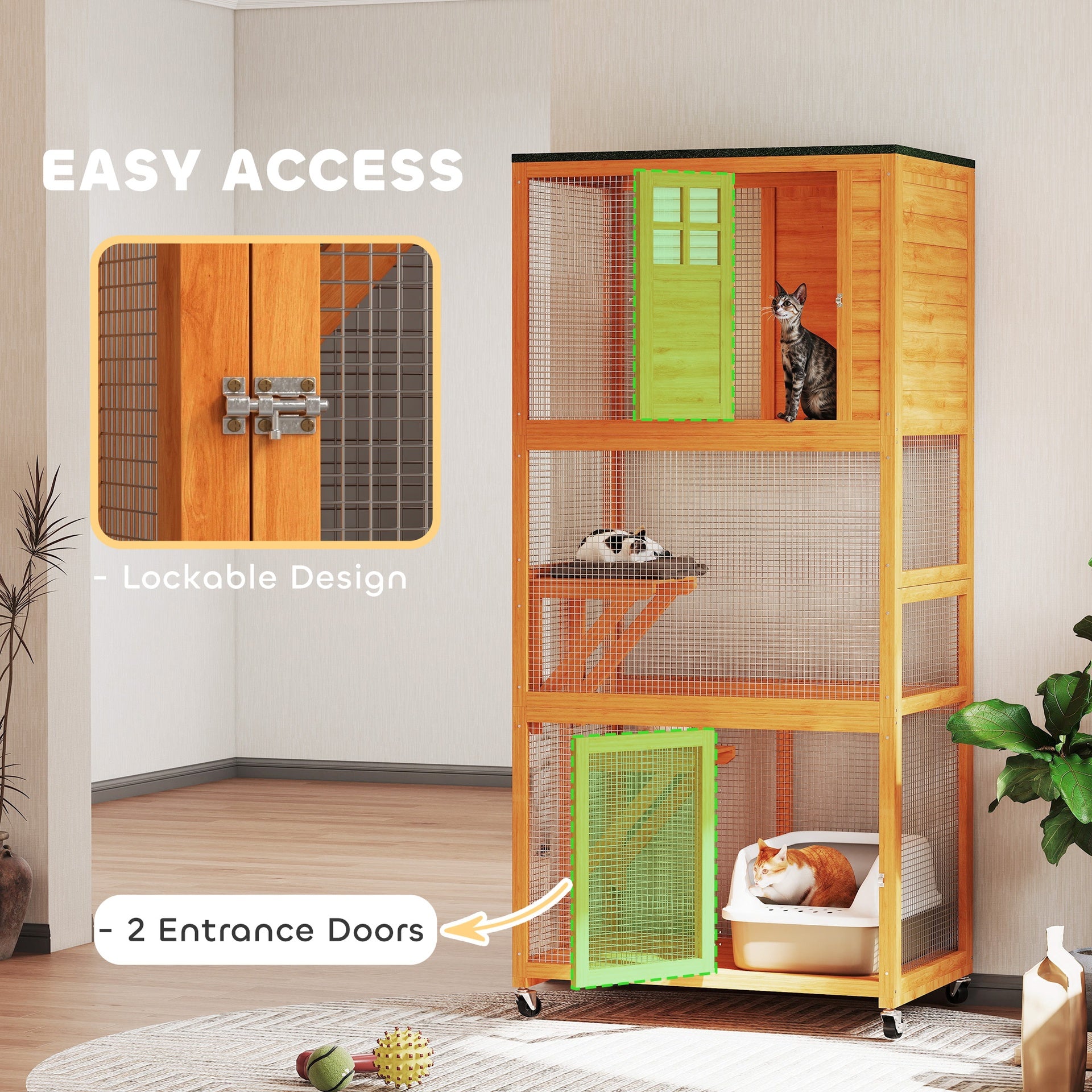 PawHut 74" Wooden Outdoor Cat House Catio Outdoor Cat Enclosure, Orange