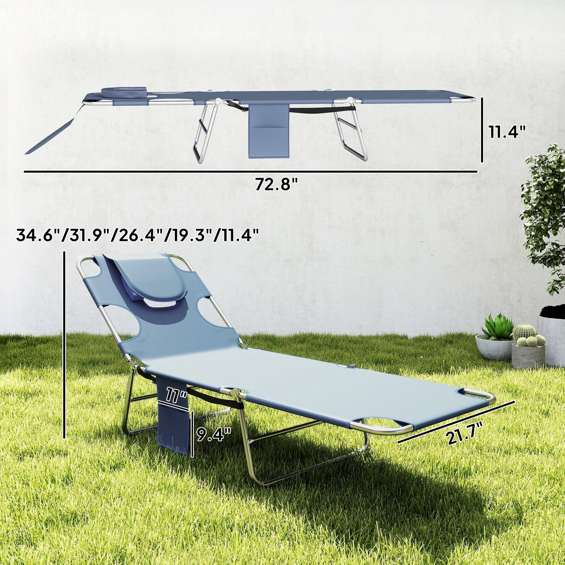 Outsunny Tanning Chair with Face Hole, 5-Level Adjustable Outdoor Chaise Lounge Chair with Pillow for Beach, Pool, Gray