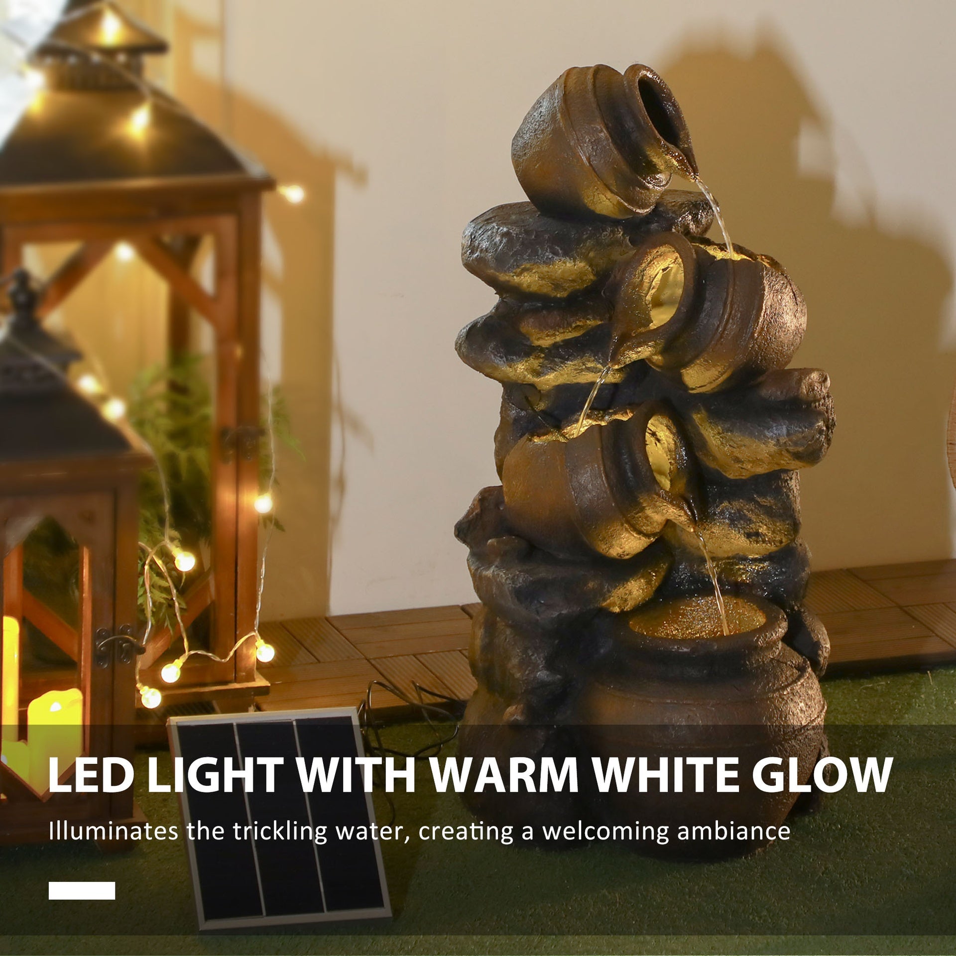 Outsunny 28.3" Solar Water Fountain, 4-Tier Resin Cascading Jars and Stacked Stones Outdoor Waterfall Fountain with LED Lights