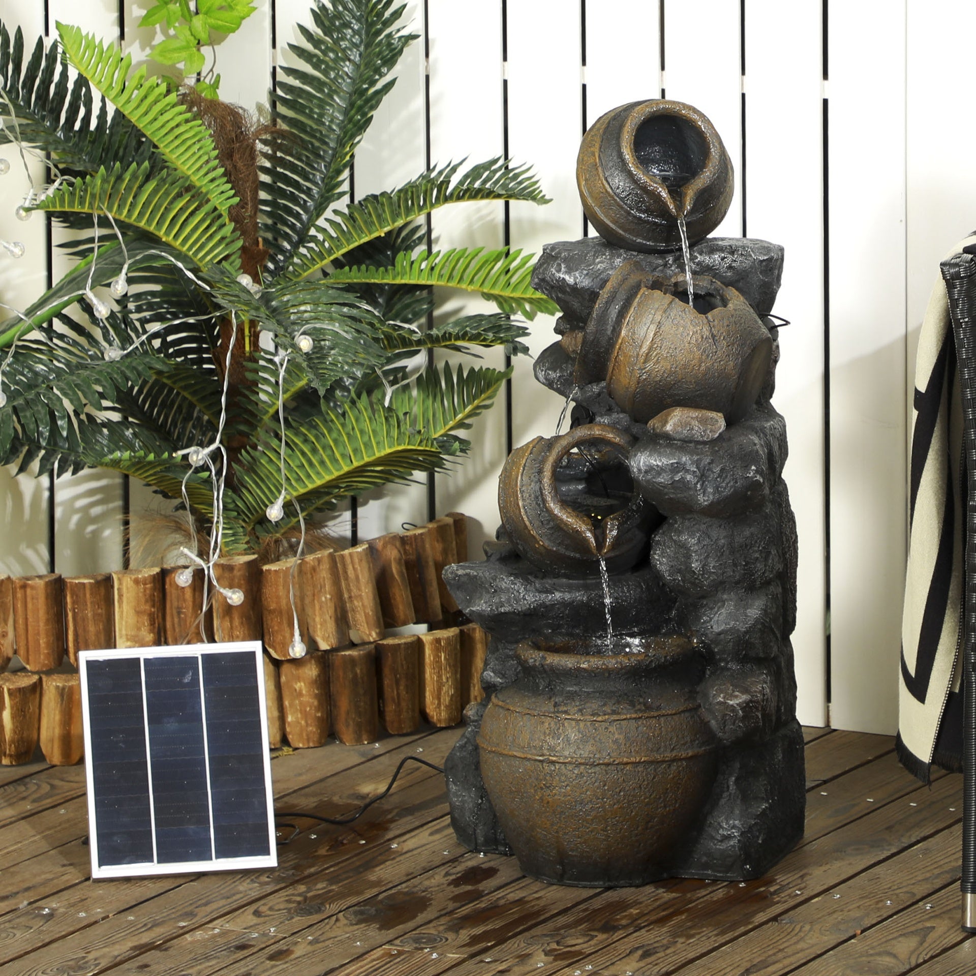 Outsunny 28.3" Solar Water Fountain, 4-Tier Resin Cascading Jars and Stacked Stones Outdoor Waterfall Fountain with LED Lights