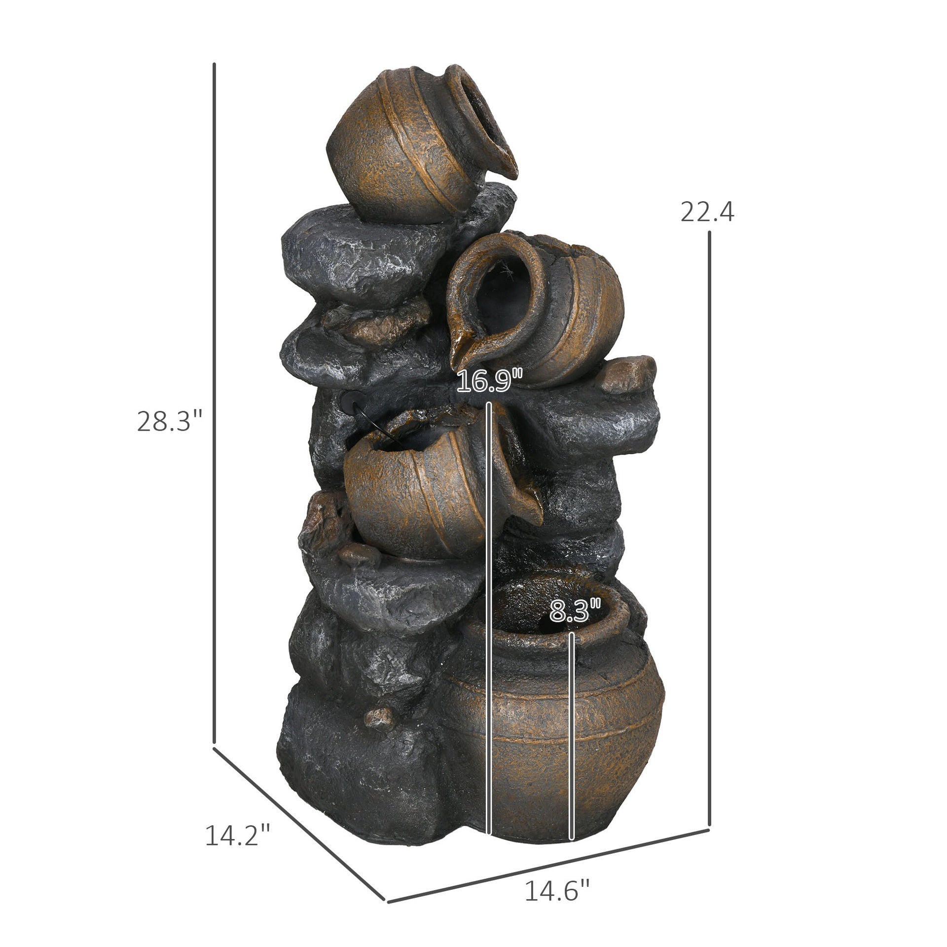 Outsunny 28.3" Solar Water Fountain, 4-Tier Resin Cascading Jars and Stacked Stones Outdoor Waterfall Fountain with LED Lights