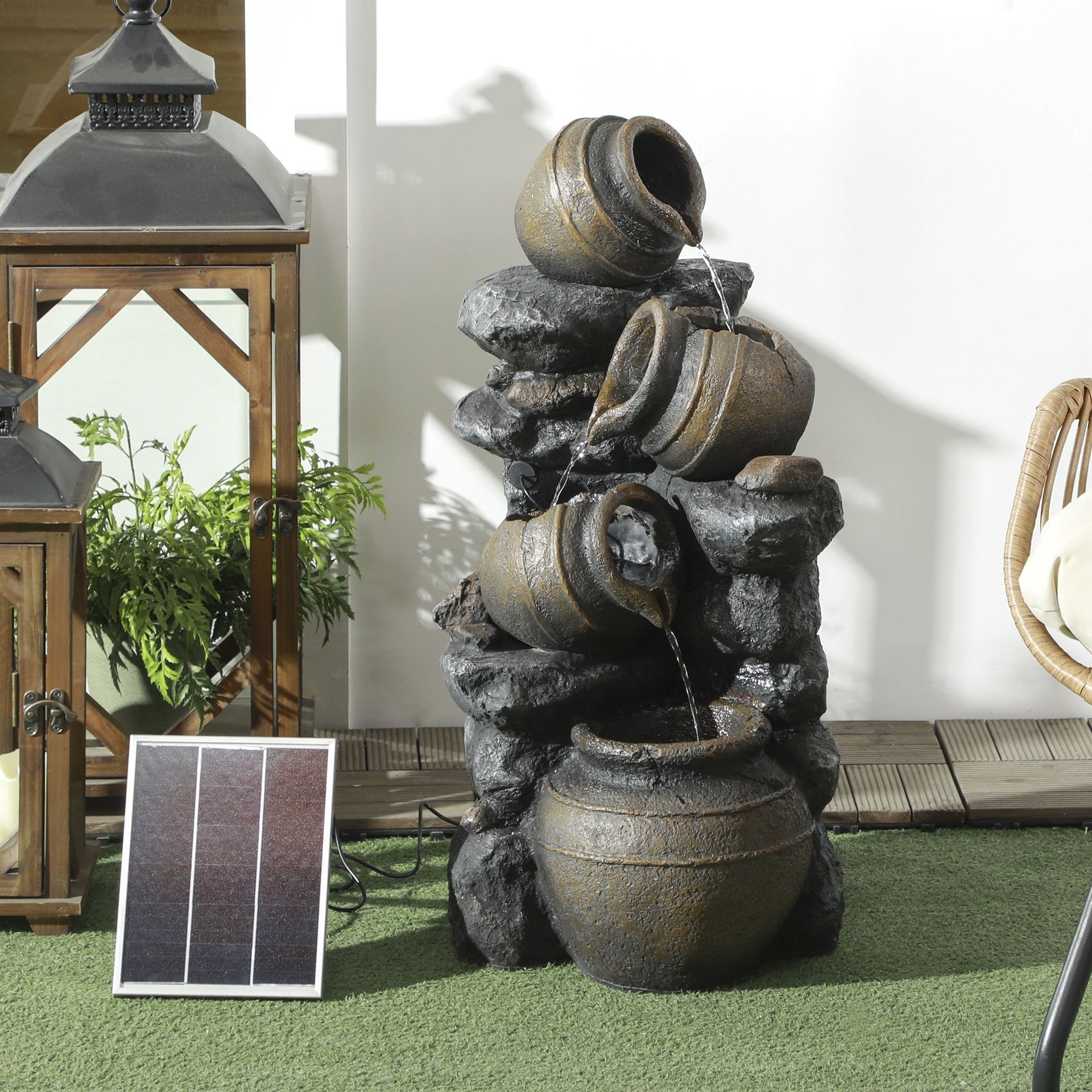 Outsunny 28.3" Solar Water Fountain, 4-Tier Resin Cascading Jars and Stacked Stones Outdoor Waterfall Fountain with LED Lights