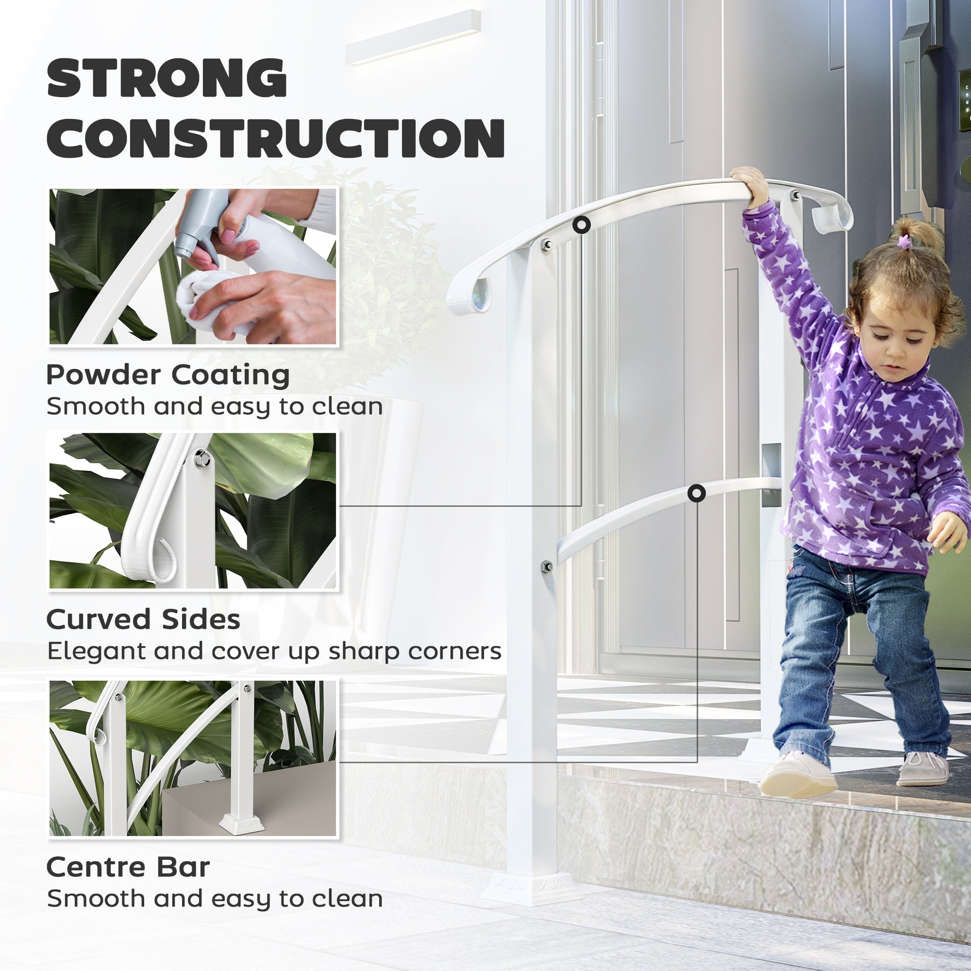 Outsunny 1-3 Step Metal Handrails for Outdoor Steps, Porch Deck Stair Railing with Installation Kit for Concrete Steps, White
