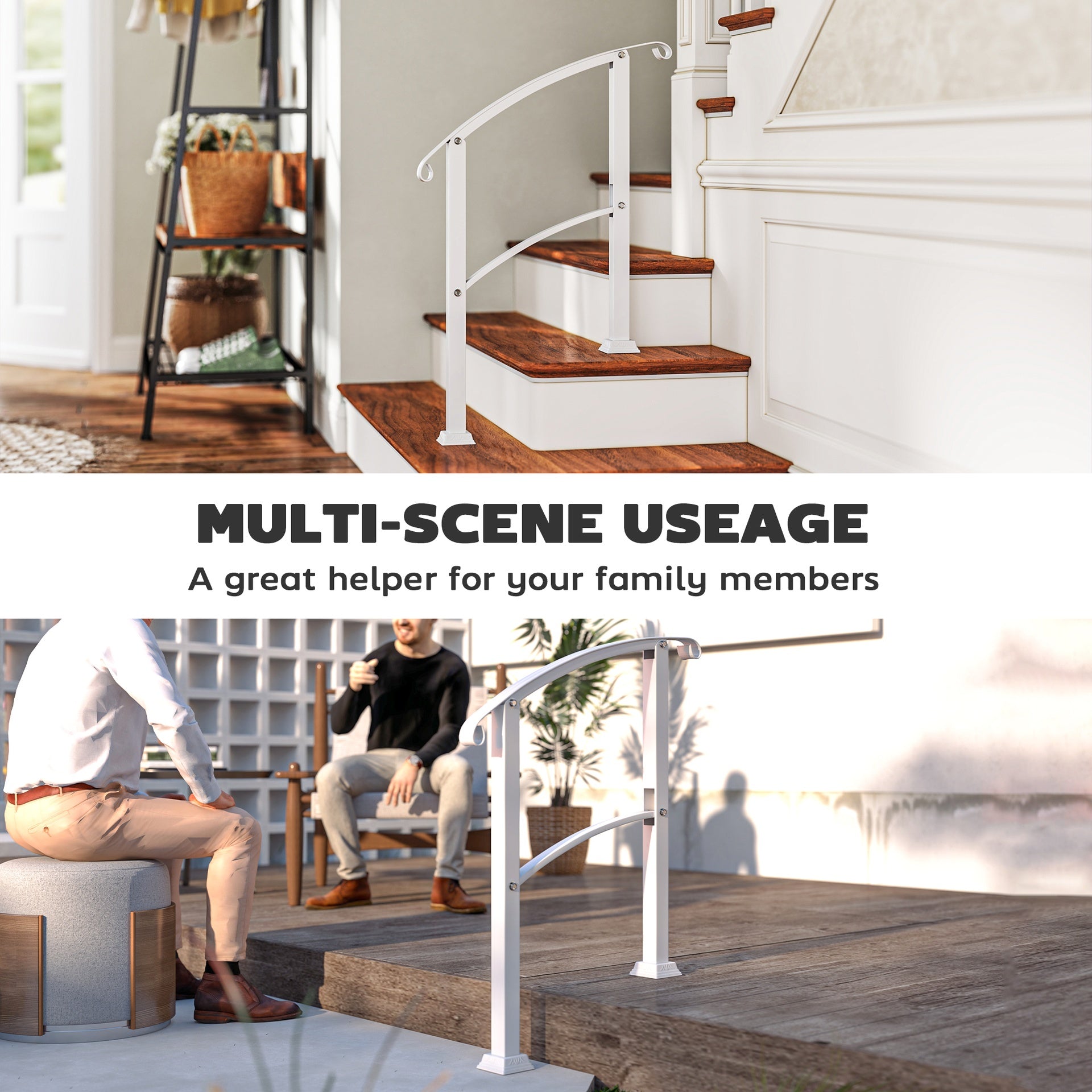 Outsunny 1-3 Step Metal Handrails for Outdoor Steps, Porch Deck Stair Railing with Installation Kit for Concrete Steps, White