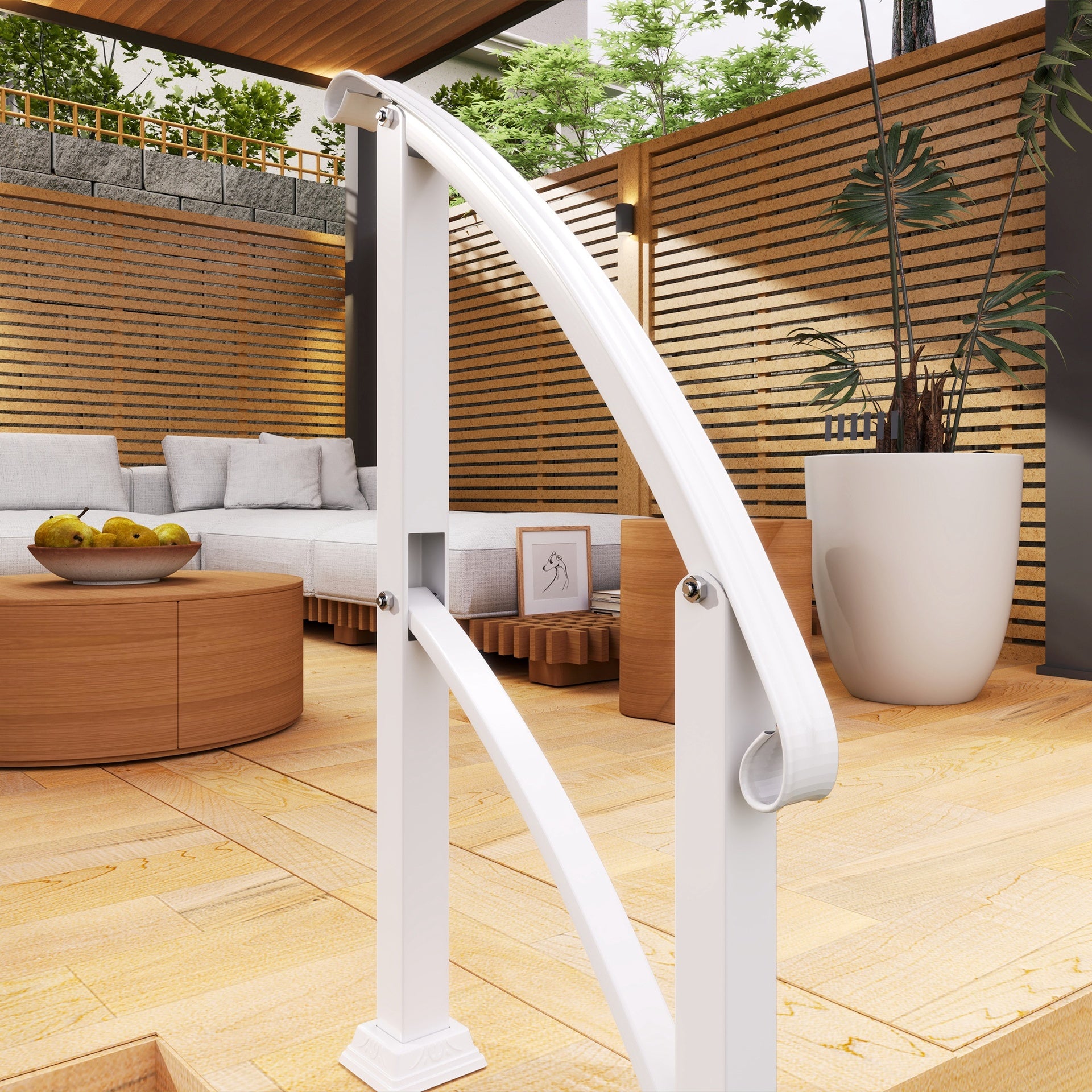 Outsunny 1-3 Step Metal Handrails for Outdoor Steps, Porch Deck Stair Railing with Installation Kit for Concrete Steps, White