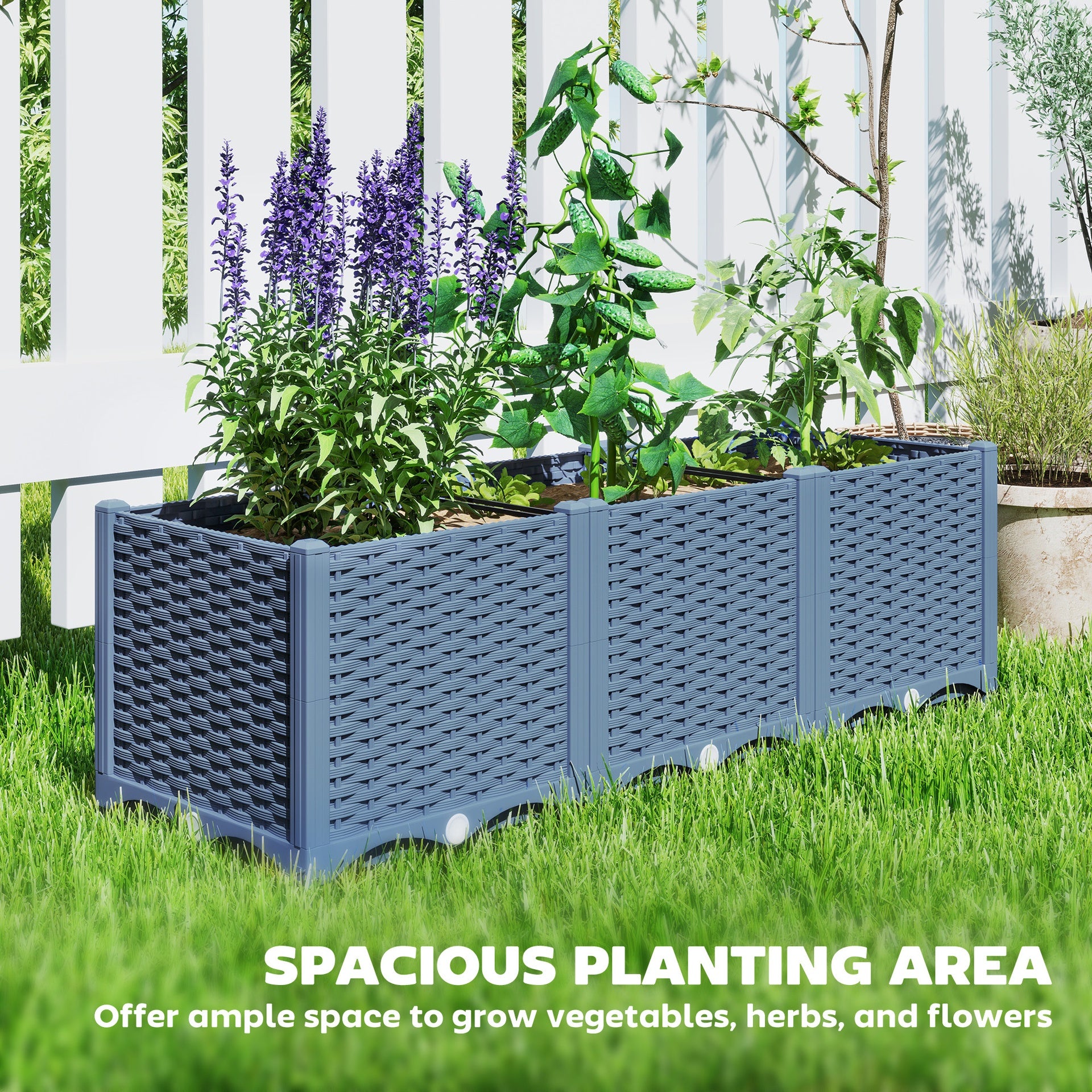 Outsunny Plastic Raised Garden Bed, 4 x 1 x 1 ft Outdoor Flower Box with Drainage Holes for Vegetables, Herbs, Blue