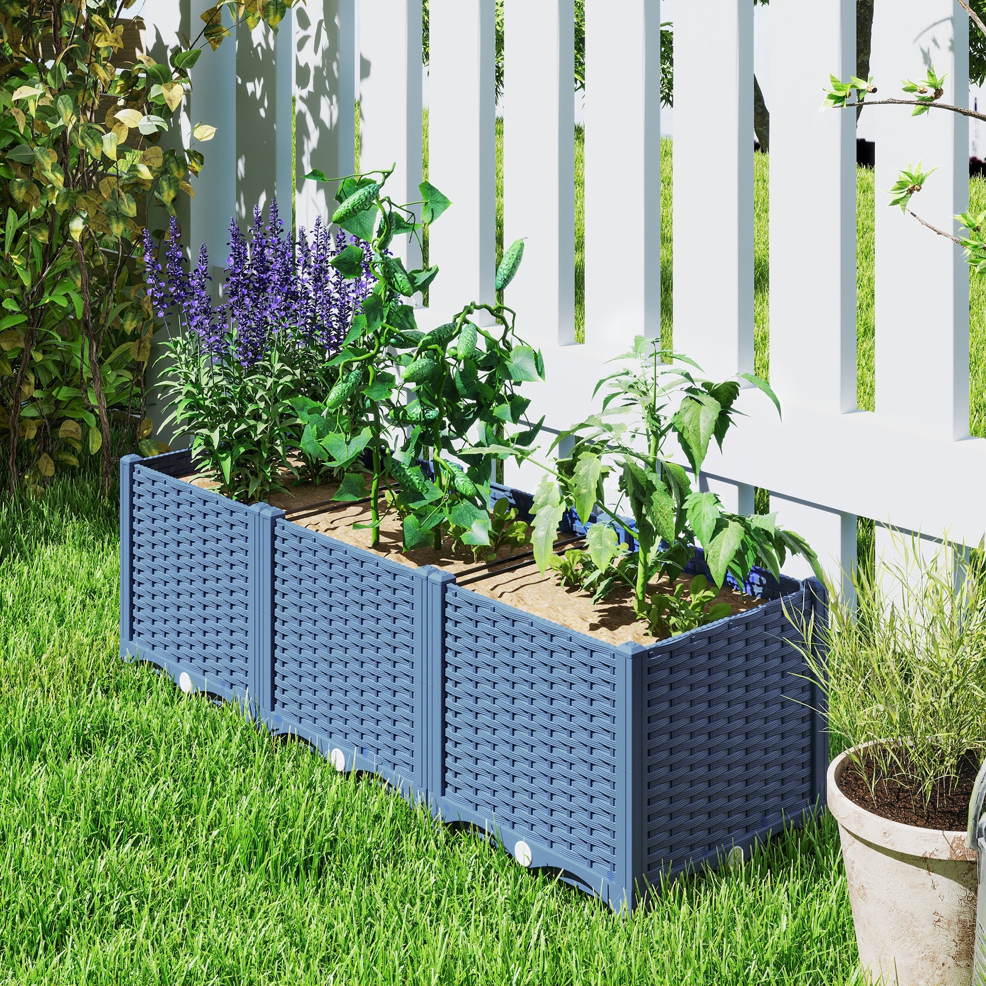 Outsunny Plastic Raised Garden Bed, 4 x 1 x 1 ft Outdoor Flower Box with Drainage Holes for Vegetables, Herbs, Blue