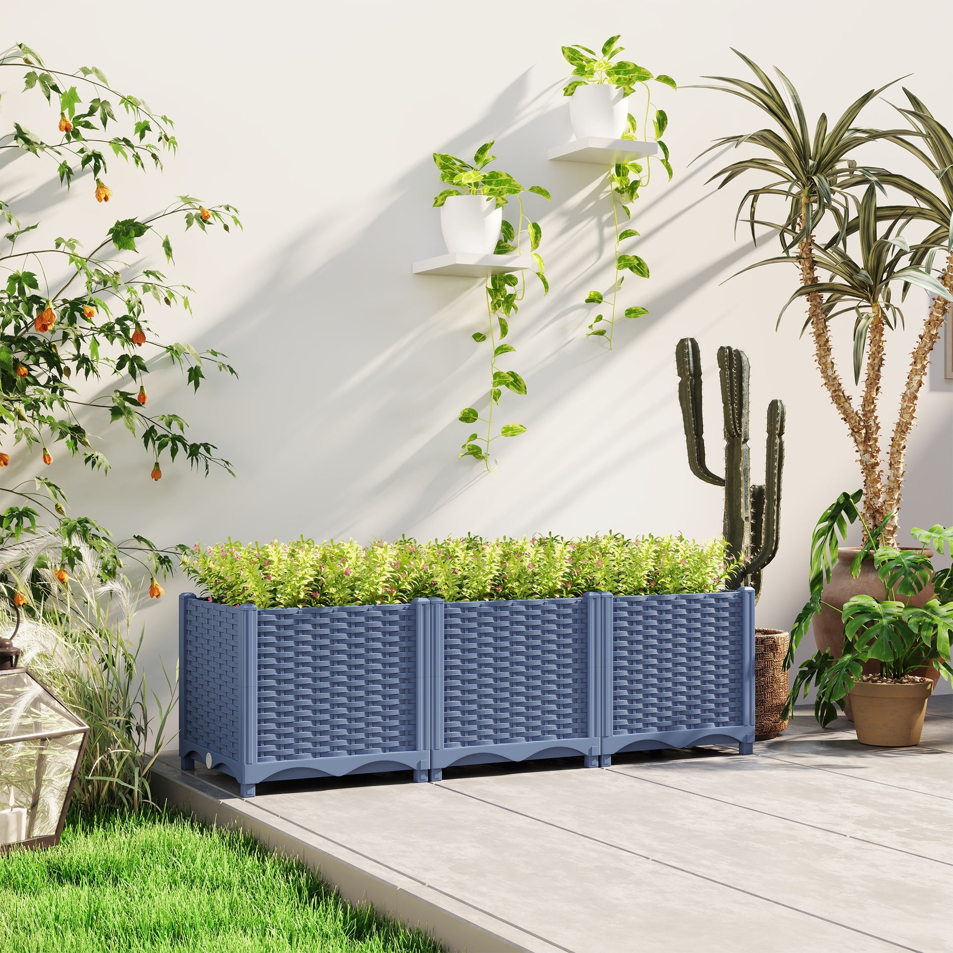 Outsunny Plastic Raised Garden Bed, 4 x 1 x 1 ft Outdoor Flower Box with Drainage Holes for Vegetables, Herbs, Blue