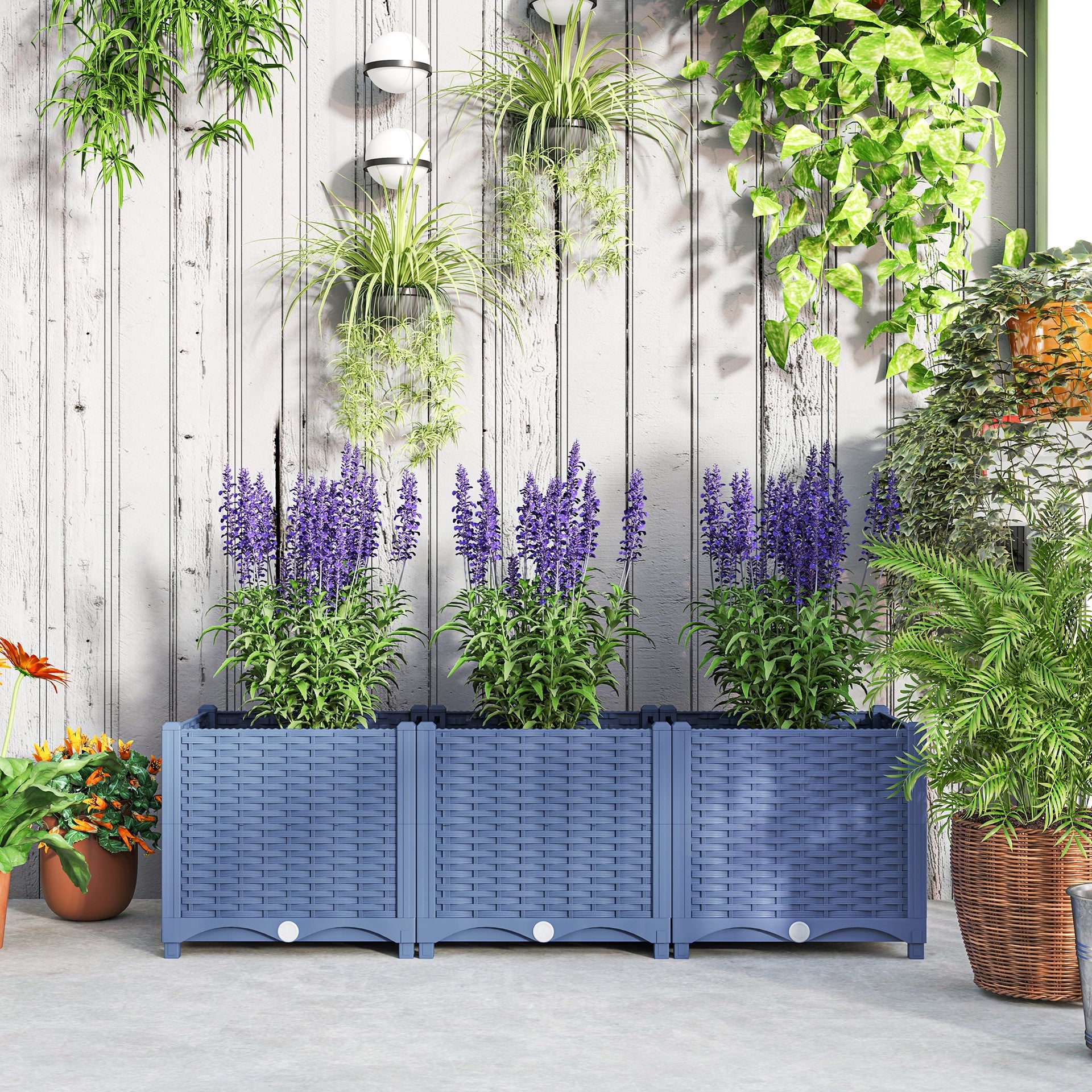 Outsunny Plastic Raised Garden Bed, 4 x 1 x 1 ft Outdoor Flower Box with Drainage Holes for Vegetables, Herbs, Blue