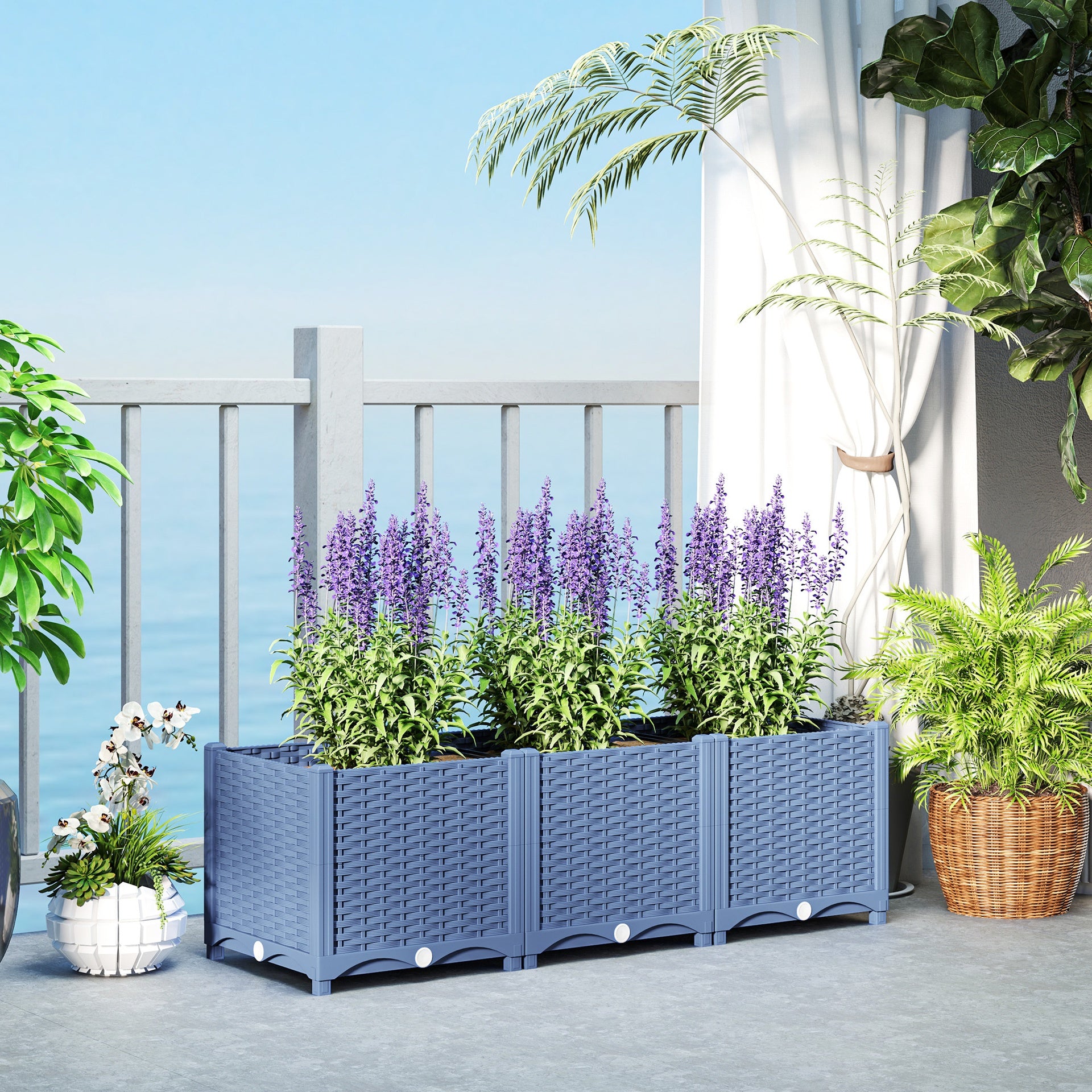Outsunny Plastic Raised Garden Bed, 4 x 1 x 1 ft Outdoor Flower Box with Drainage Holes for Vegetables, Herbs, Blue