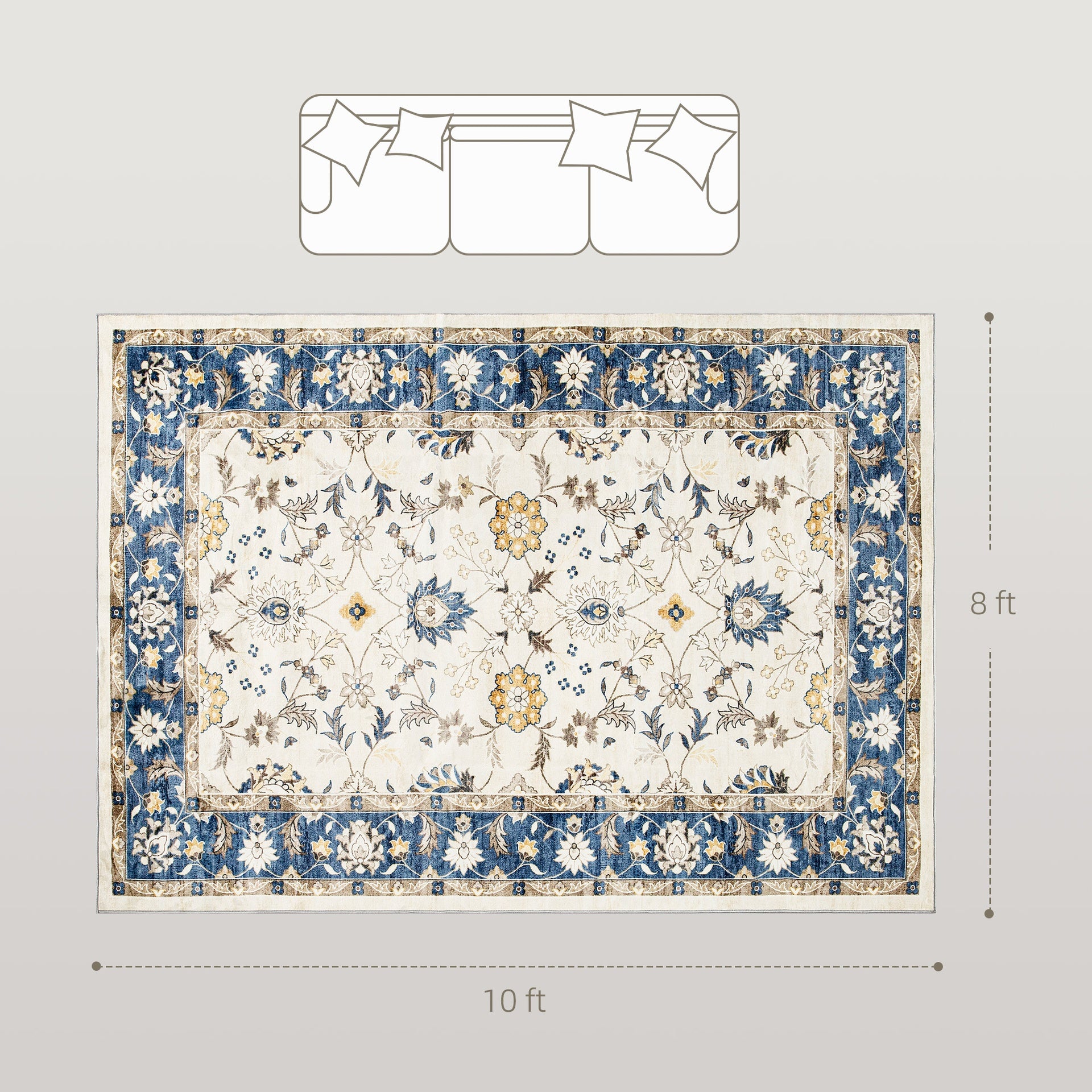 HOMCOM Machine Washable Area Rug 8x10, Non-Slip Boho Floral Print Floor Carpet for Living Room, Bedroom, Dining Room, Blue