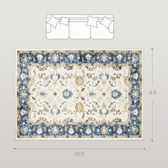 HOMCOM Machine Washable Area Rug 8x10, Non-Slip Boho Floral Print Floor Carpet for Living Room, Bedroom, Dining Room, Blue