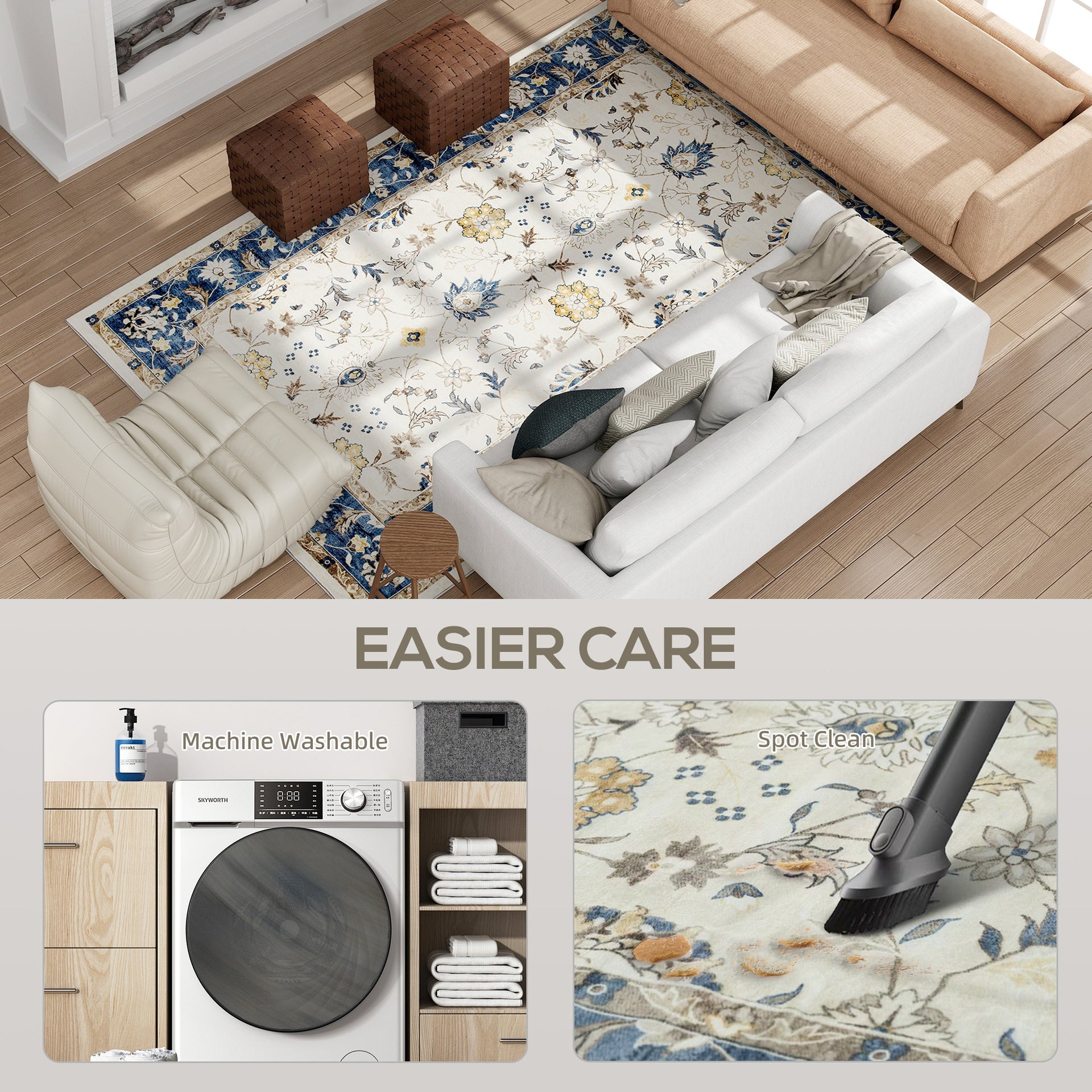 HOMCOM Machine Washable Area Rug 8x10, Non-Slip Boho Floral Print Floor Carpet for Living Room, Bedroom, Dining Room, Blue