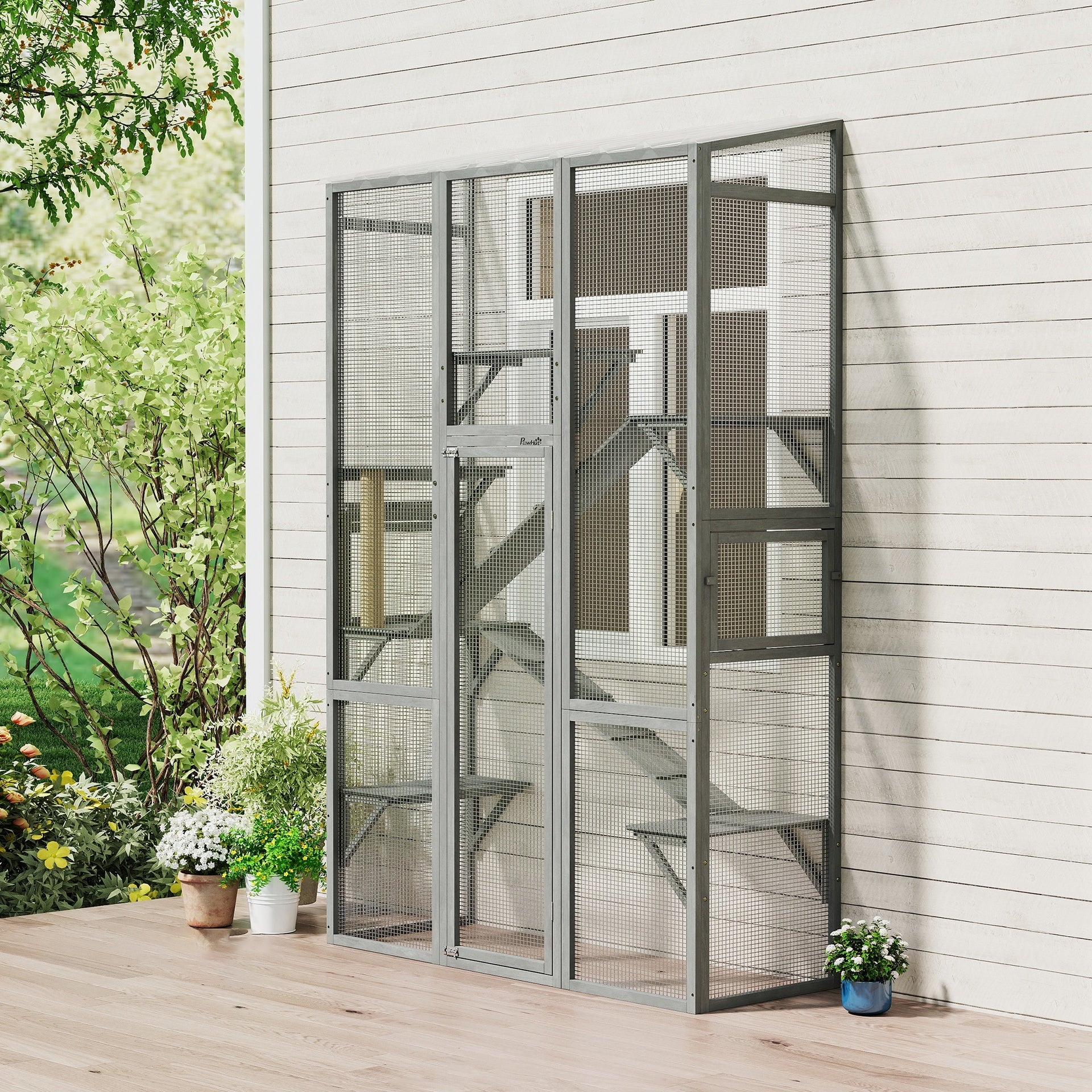 PawHut Outdoor Catio Cat Enclosure, Large Wooden Cat House with 6 Jumping Platforms, Scratching Post, 2 Ramps, for 2-3 Kittens