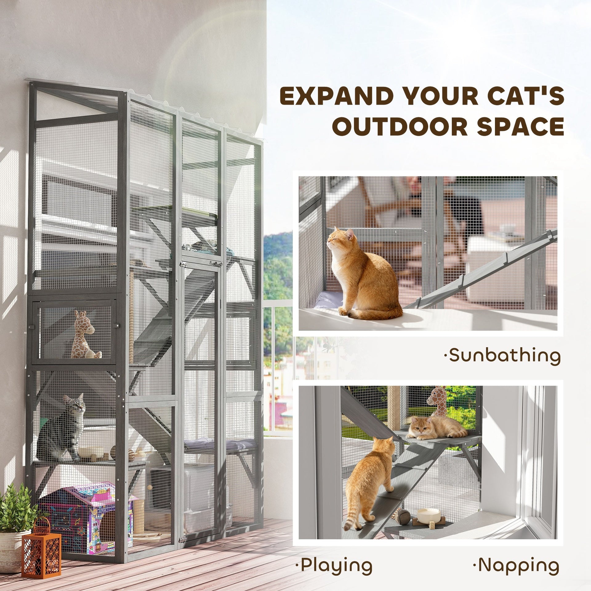 PawHut Outdoor Catio Cat Enclosure, Large Wooden Cat House with 6 Jumping Platforms, Scratching Post, 2 Ramps, for 2-3 Kittens